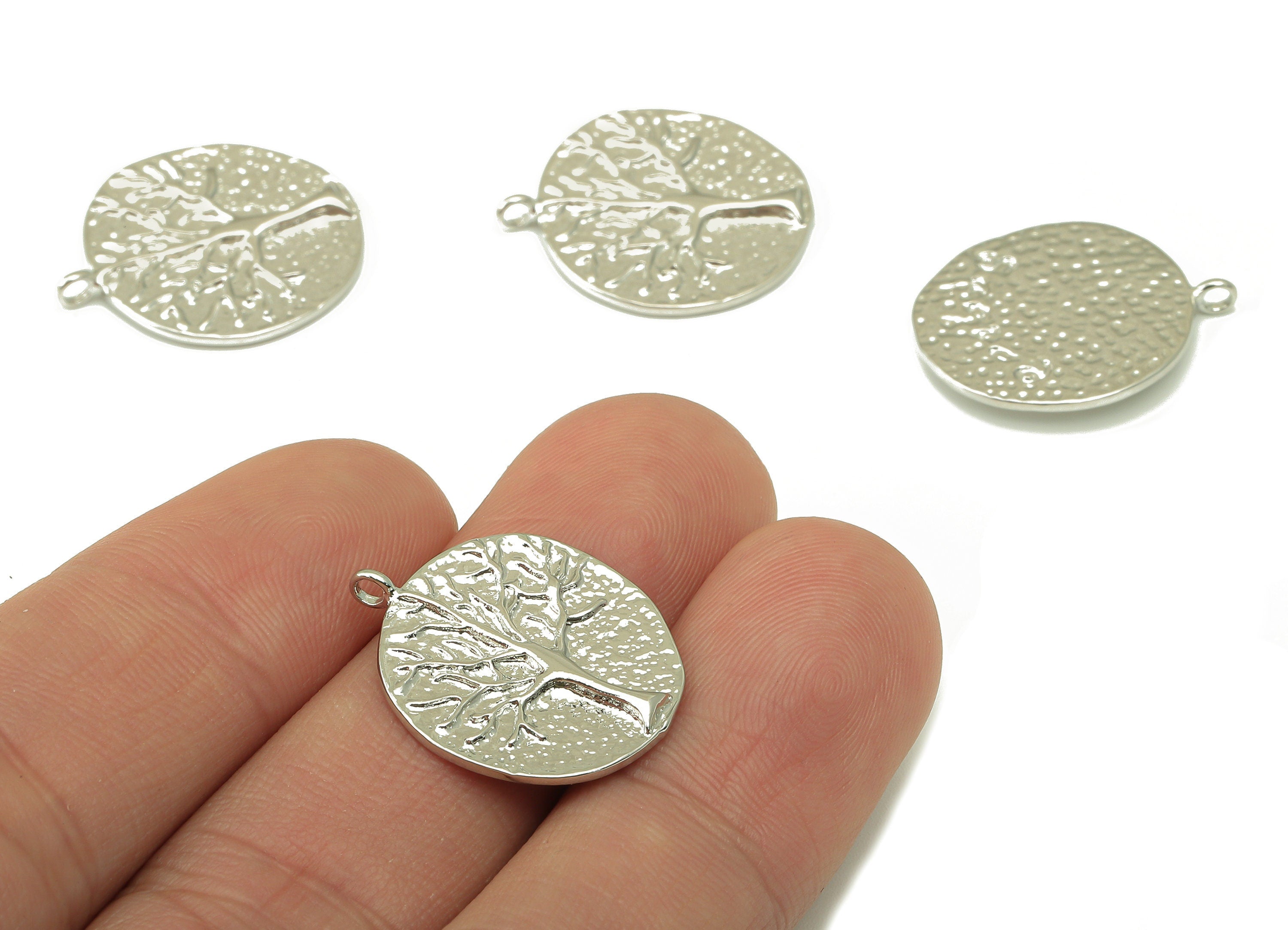 Round Tree Earring-Brass Necklace Pendant-Life Tree Charm Anaglyph Tree Pendant-18k Real White Silver Plated Brass-22.5x18.6x1.51mm-RGP4246S - DOMEDBAZAAR