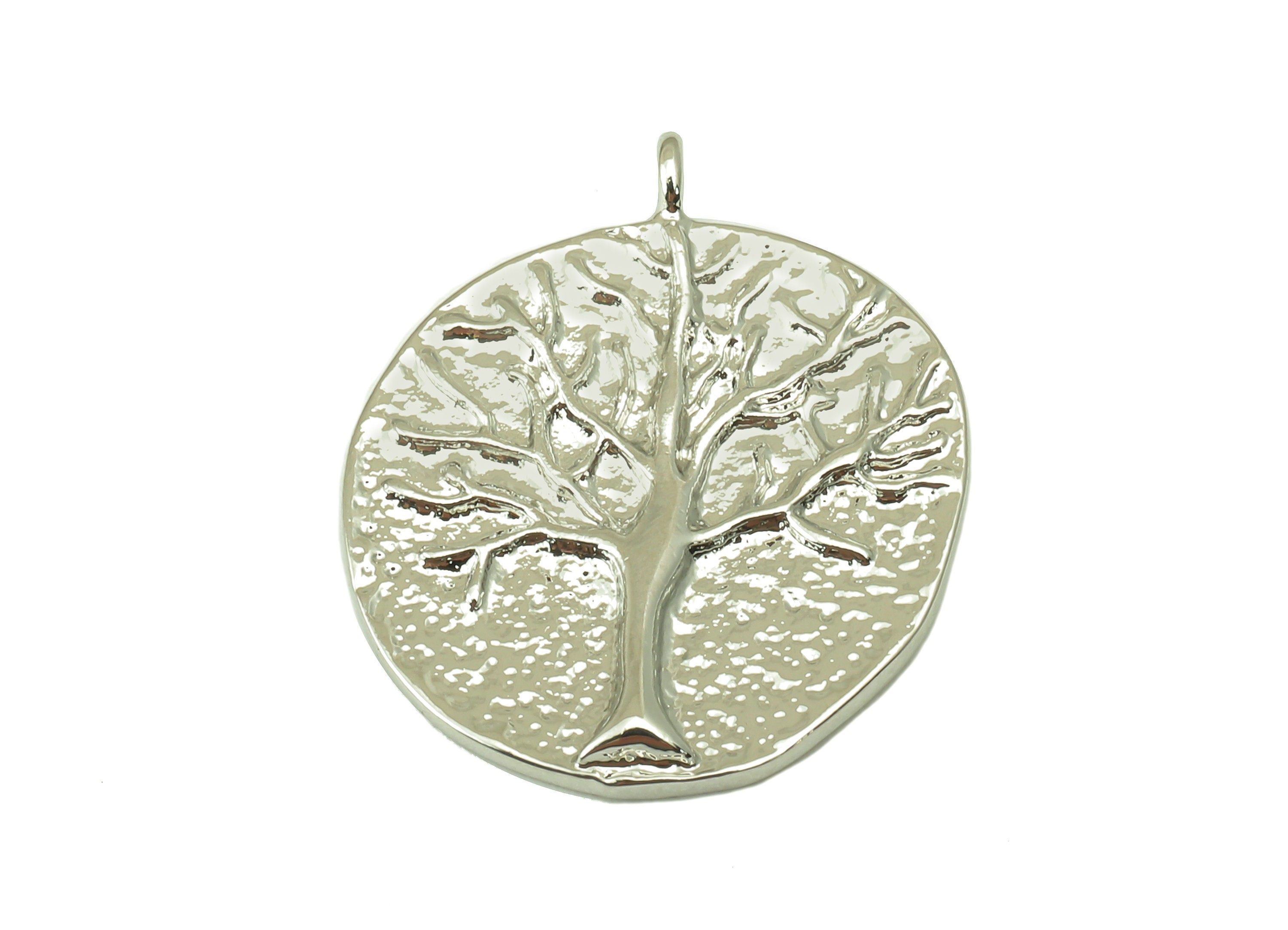 Round Tree Earring-Brass Necklace Pendant-Life Tree Charm Anaglyph Tree Pendant-18k Real White Silver Plated Brass-22.5x18.6x1.51mm-RGP4246S - DOMEDBAZAAR