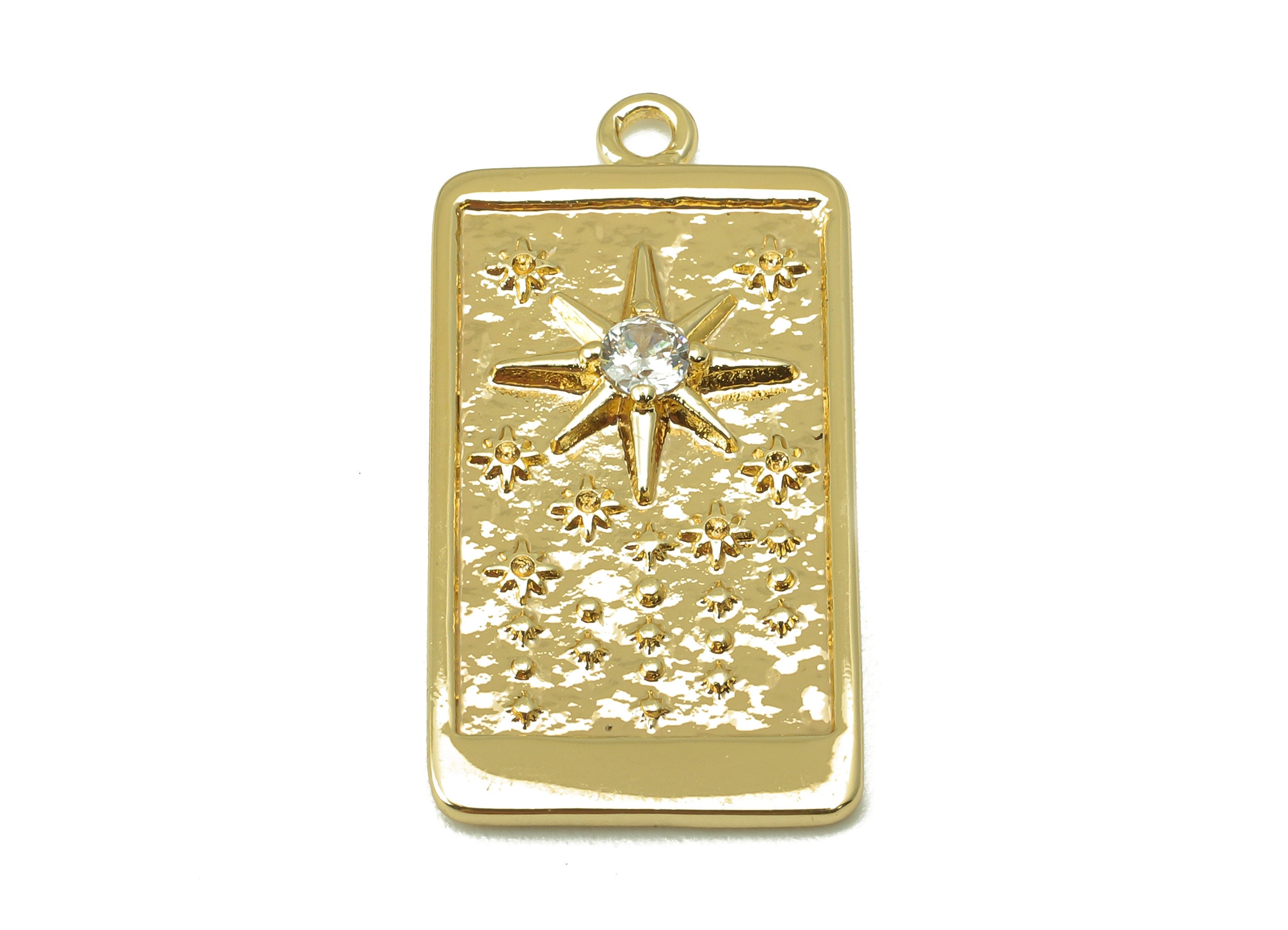 Rectangle Star Pendant-Brass Cubic Zircon Star Carving-Stars Sky-CZ-Zircon Necklace Pendant-18K Real Gold Plating-1.74x27.08x13.5mm-RGP6119 - DOMEDBAZAAR
