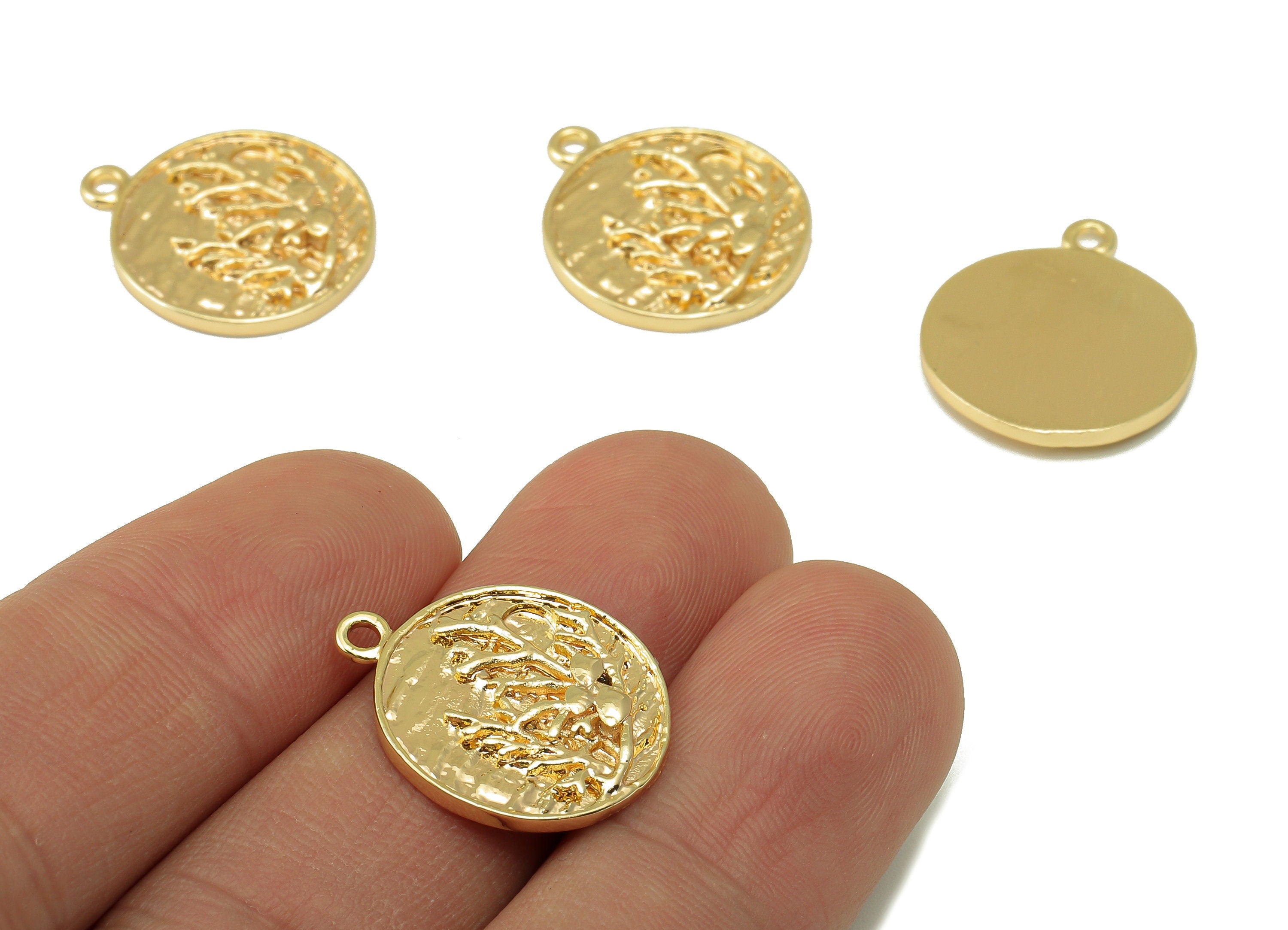 Round Branch Pendant-Brass Circle Charm Necklace-Pendant With Loop-Carved Branches And Waves-18KReal Gold Plating-20.82x17.53x1.83mm-RGP6120 - DOMEDBAZAAR