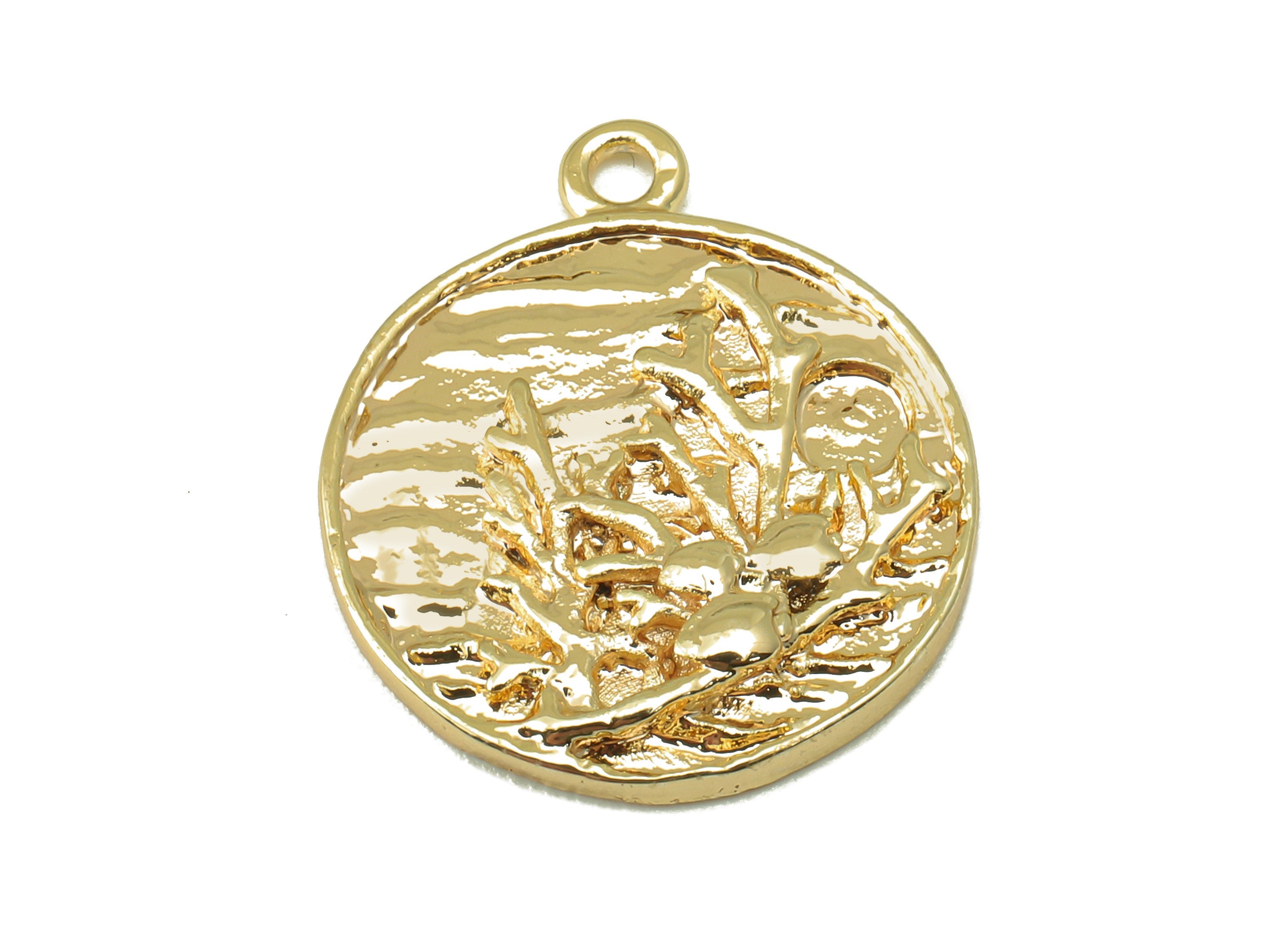 Round Branch Pendant-Brass Circle Charm Necklace-Pendant With Loop-Carved Branches And Waves-18KReal Gold Plating-20.82x17.53x1.83mm-RGP6120 - DOMEDBAZAAR