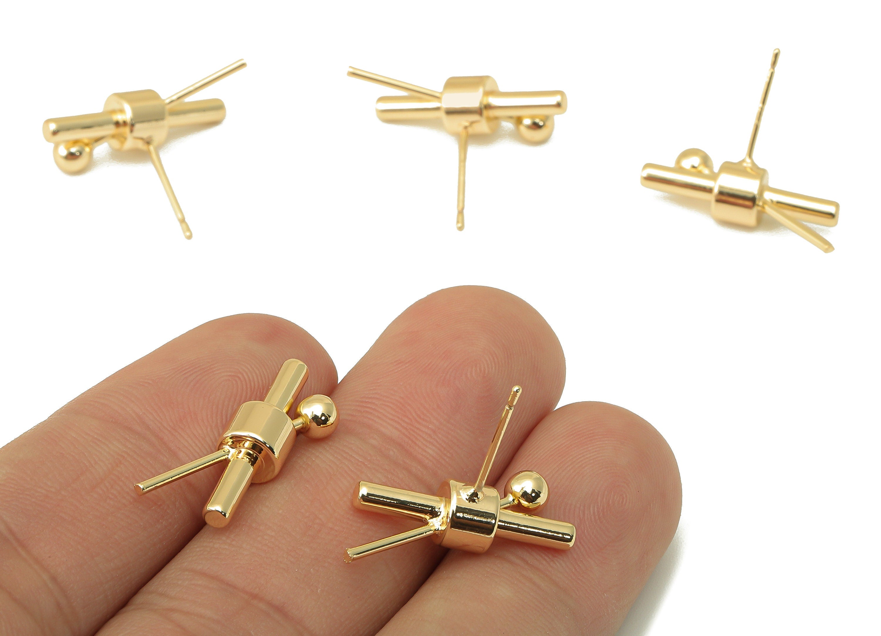 Brass Cross Stud Earring - Brass Mini Ball Earring Post - Earring Post - Pin Stud Earring - 18K Real Gold Plating-20.19x17.56x6.02mm-RGP5942 - DOMEDBAZAAR