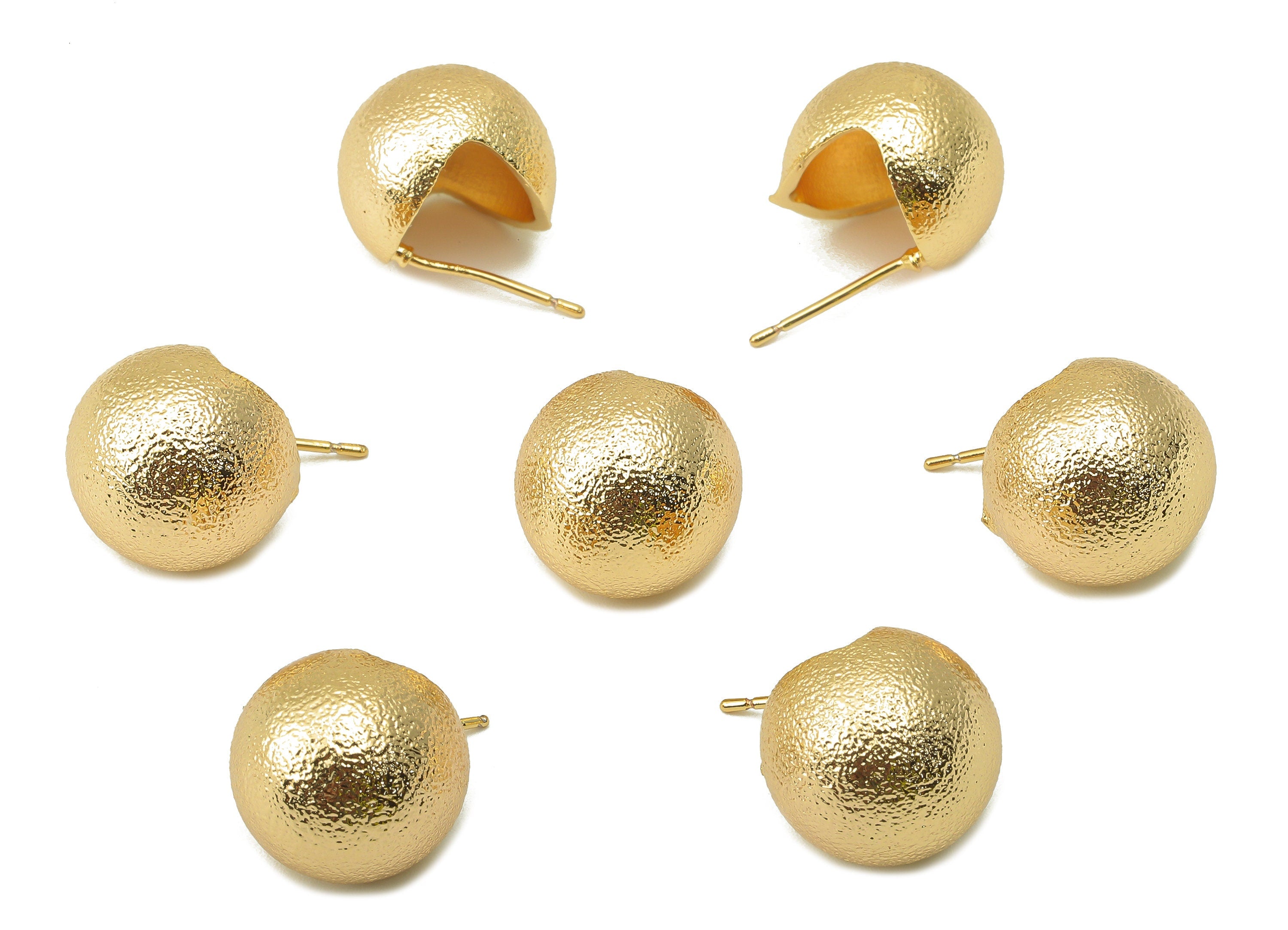 Brass Three Quarter Ball Stud Earring - Brass Ball Earring - Textured Ball Stud Earring - 18K Real Gold Plating-21.01x 14.04x 1.45mm-RGP5951 - DOMEDBAZAAR