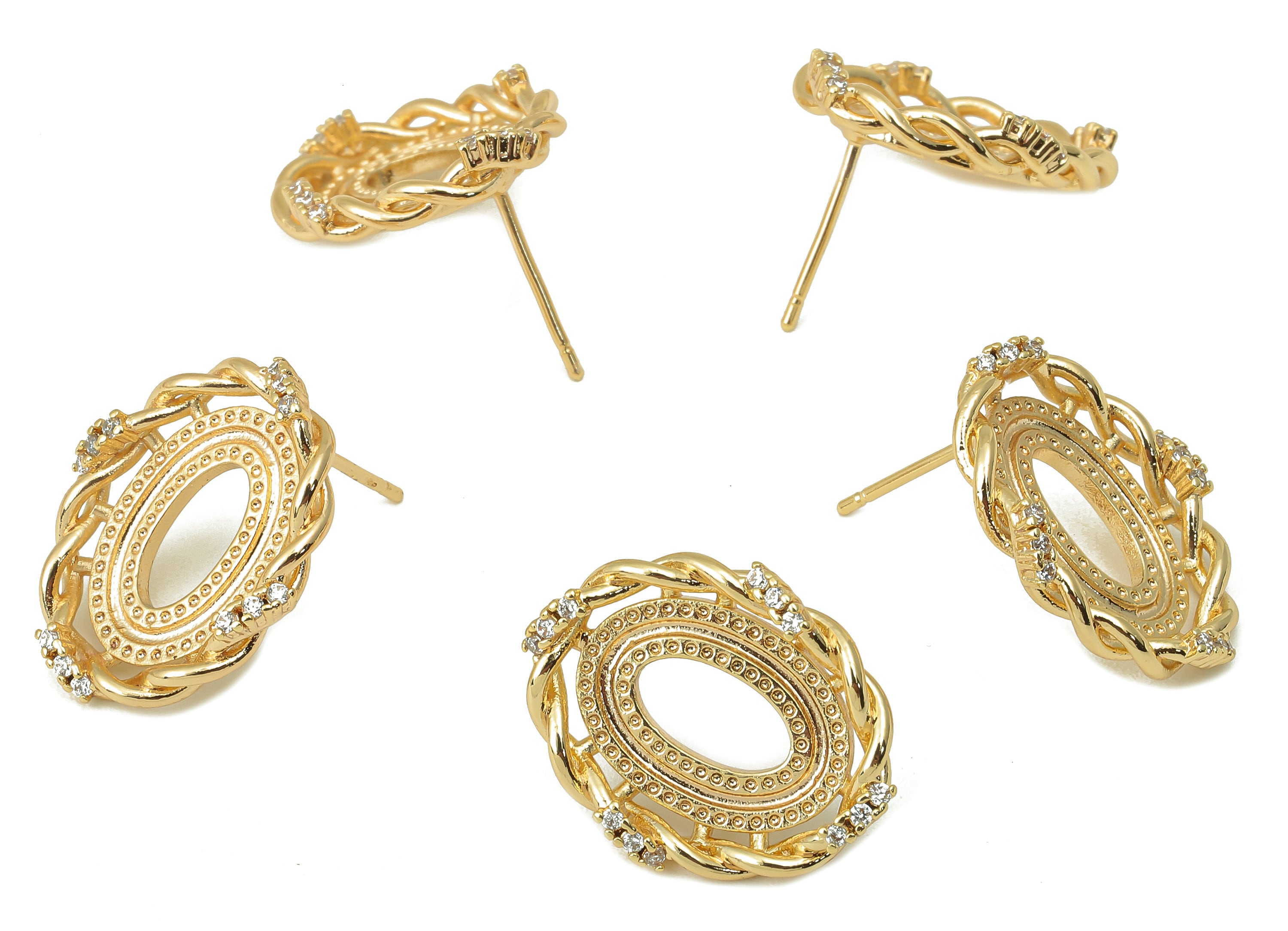 Brass Round Earring - Brass CZ Twisted Chain Earring Post-Cubic Zirconia Earring Stud - 18K Real Gold Plating-19.5x 15.64x 2.92mm-RGP5967 - DOMEDBAZAAR