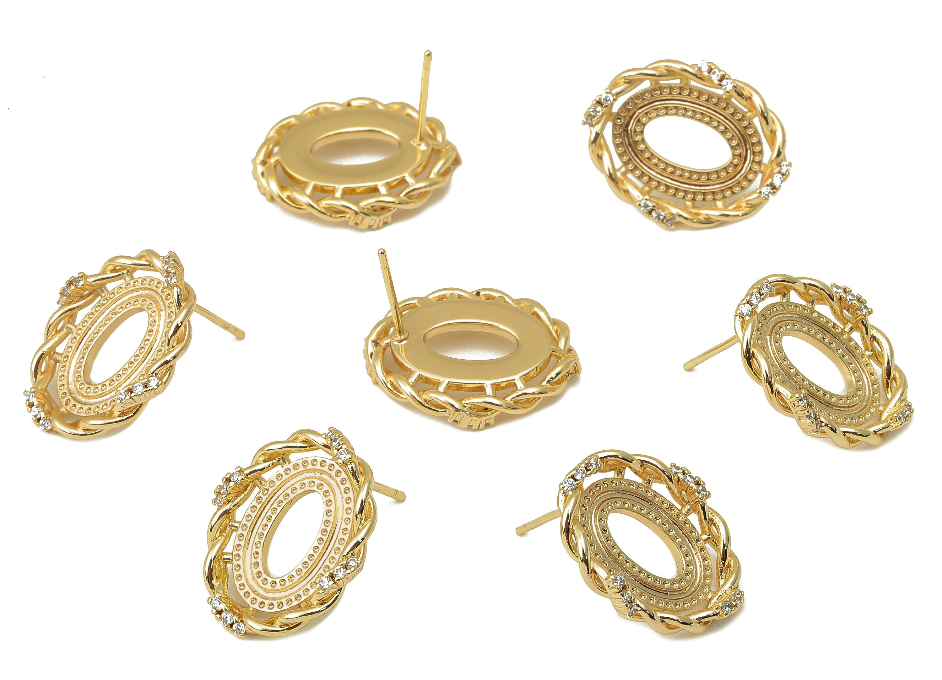 Brass Round Earring - Brass CZ Twisted Chain Earring Post-Cubic Zirconia Earring Stud - 18K Real Gold Plating-19.5x 15.64x 2.92mm-RGP5967 - DOMEDBAZAAR