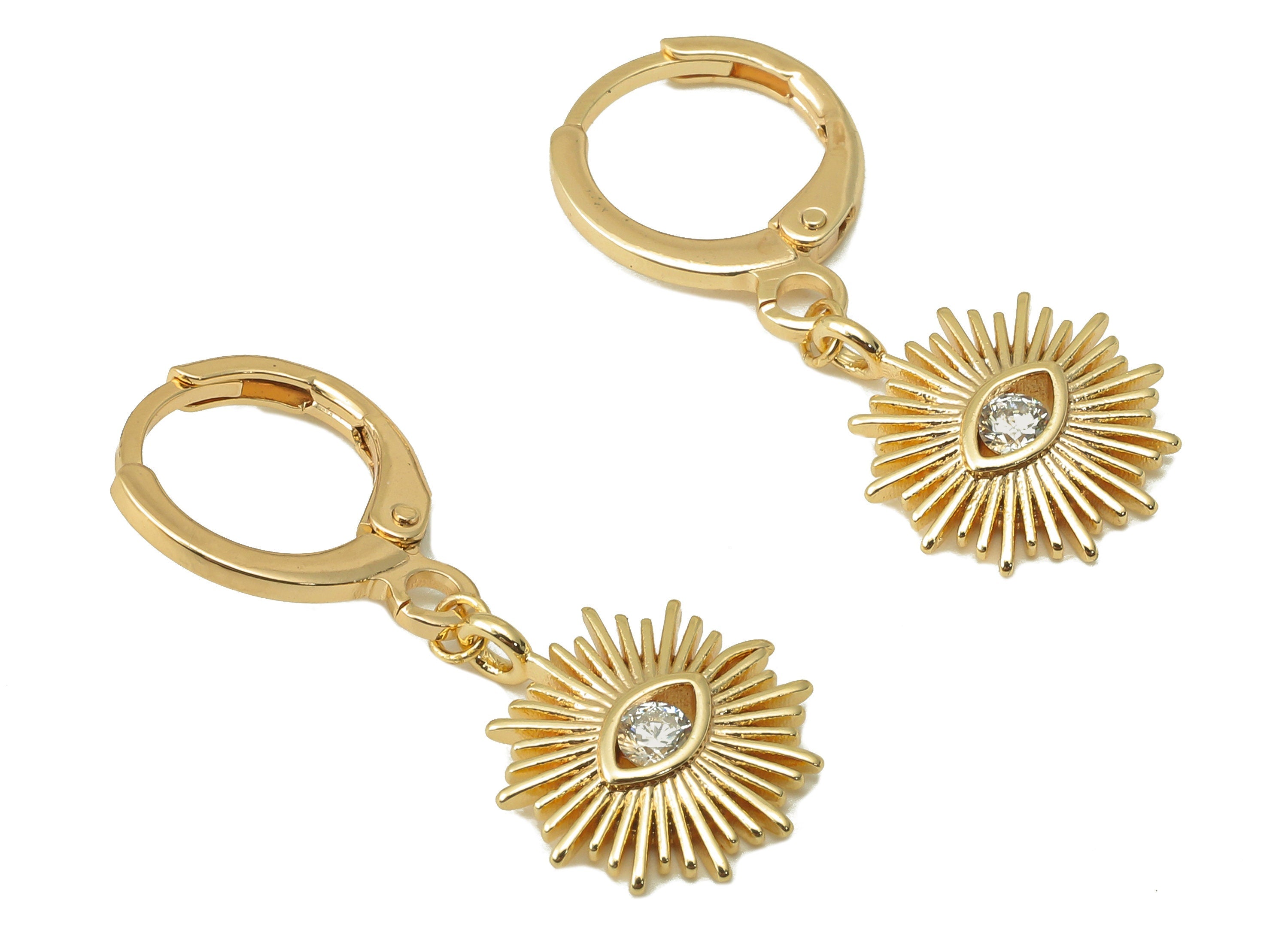 Brass Clasp Earring - Brass CZ Eye Clasp Hoop Earring-Cubic Zirconia Huugie Hoop Earring- 18K Real Gold Plating-29.47x 11.46x 2.08mm-RGP5980 - DOMEDBAZAAR