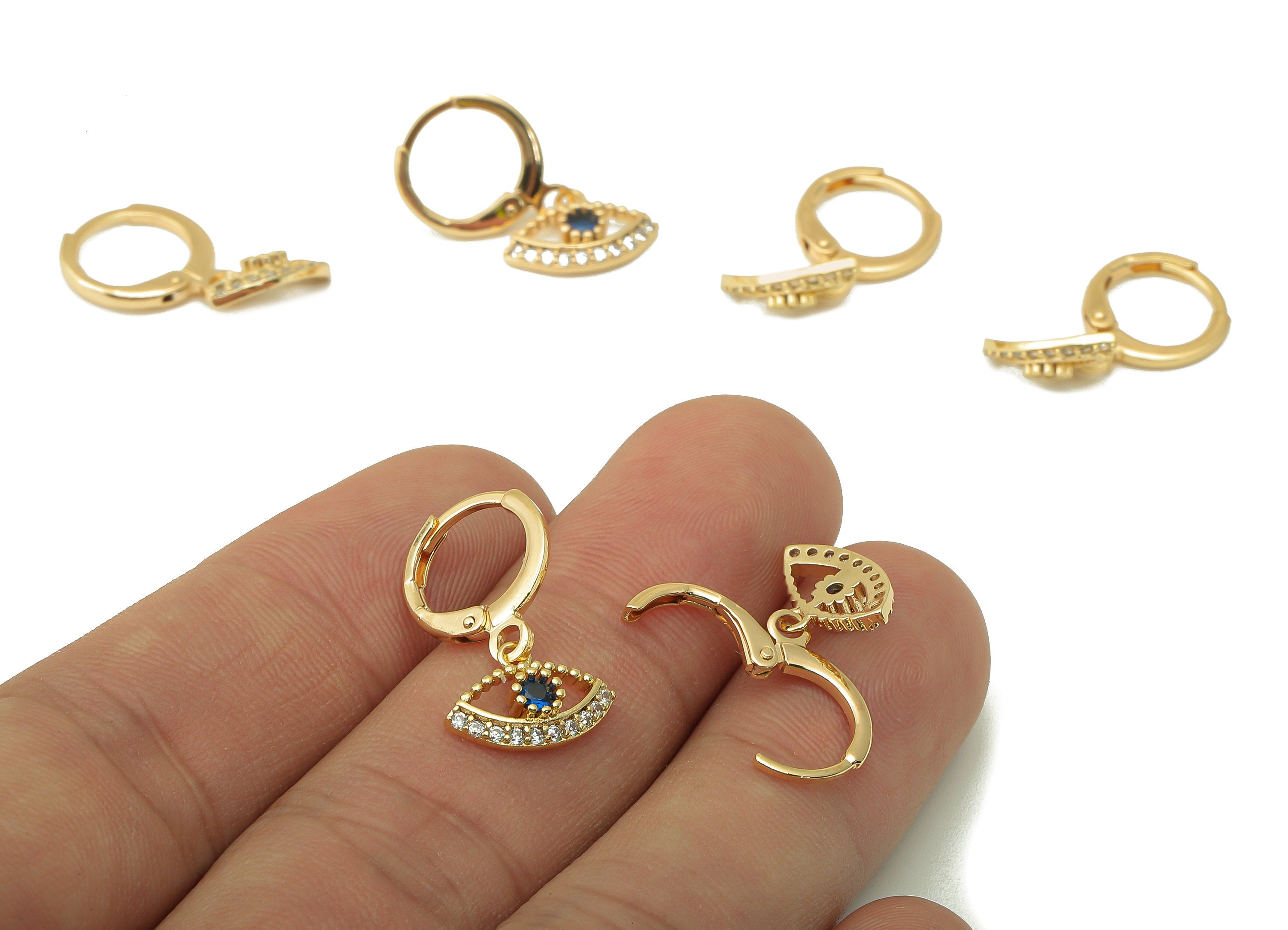 Brass Clasp Earring - Brass Hollow CZ Eye Clasp Hoop Earring-Cubic Zirconia Huugie Earring-18K Real Gold Plating-21.64x 11.41x3.32mm-RGP5982 - DOMEDBAZAAR