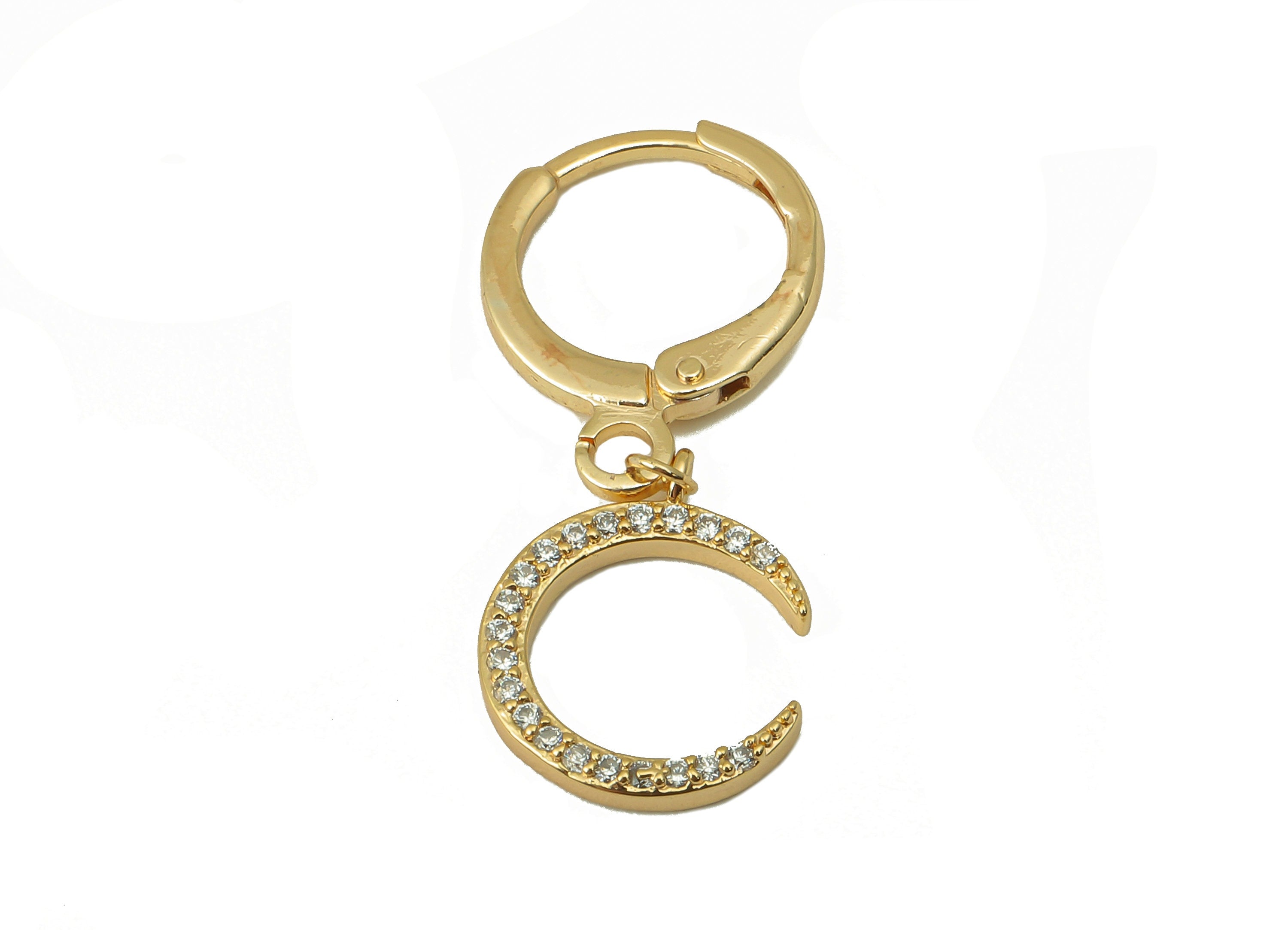 Brass Clasp Earring -Brass Crescent CZ Clasp Hoop Earring-Moon Cubic Zirconia Huugie Earring-18K Real Gold Plating-27.96x11.42x1.6mm-RGP5985 - DOMEDBAZAAR