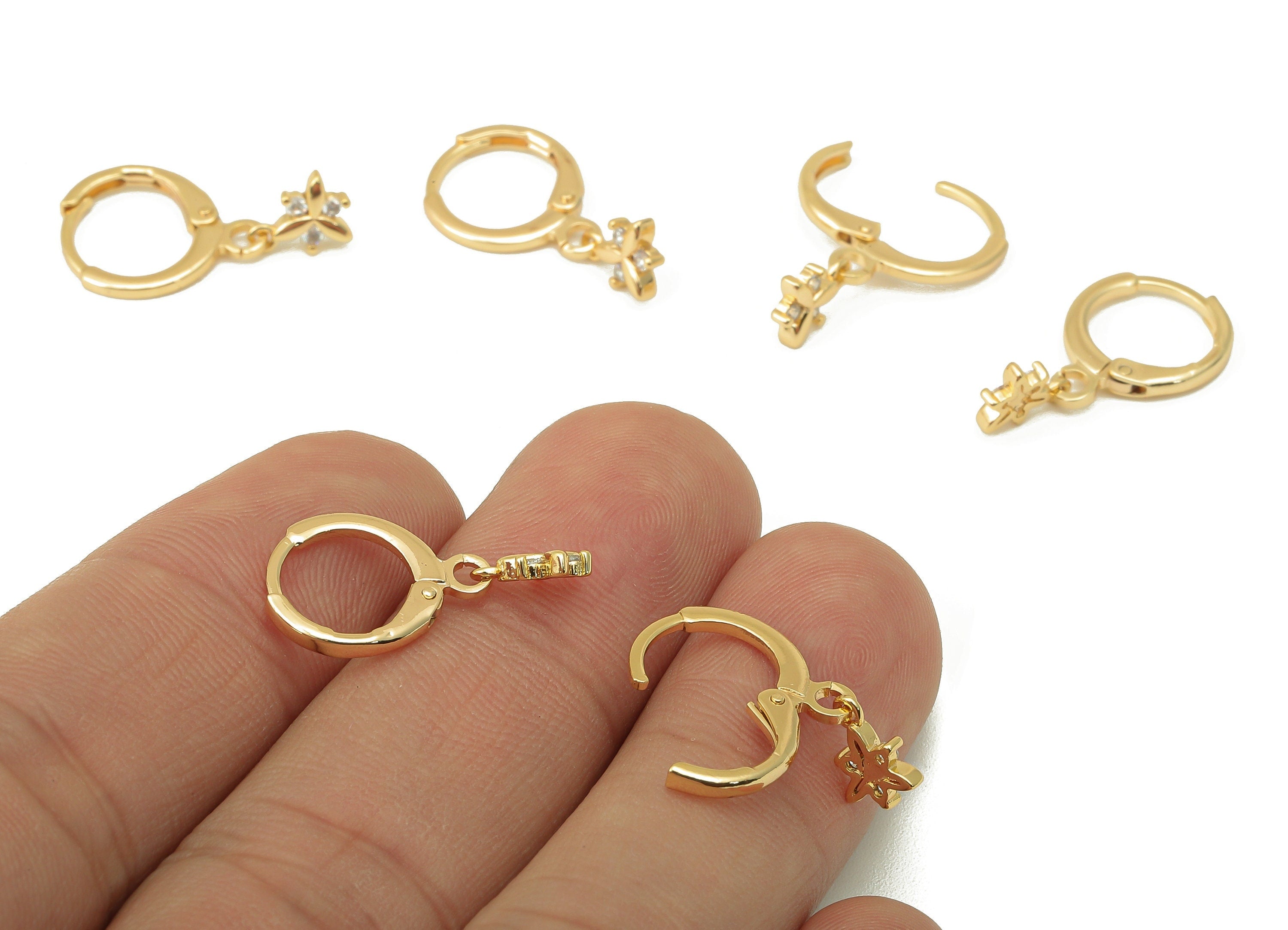 Brass Clasp Earring - Brass Flower CZ Clasp Hoop Earring- Leaf Cubic Zirconia Huugie Earring-18K Real Gold Plating-21.28x11.9x1.73mm-RGP5986 - DOMEDBAZAAR