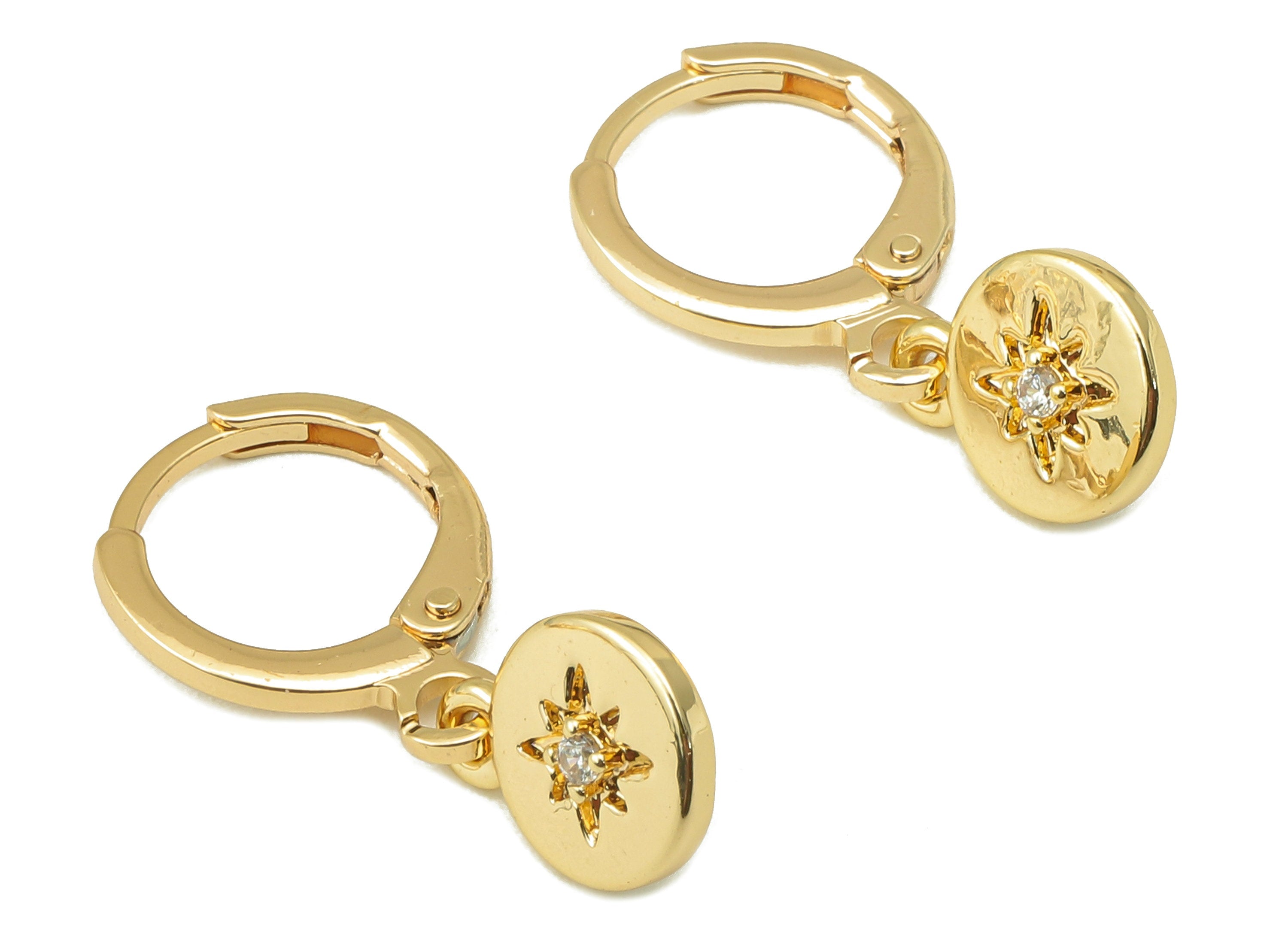 Brass Clasp Earring - Brass North Star CZ Clasp Hoop Earring- Cubic Zirconia Huugie Earring-18K Real Gold Plating-23.36x11.37x1.52mm-RGP5987 - DOMEDBAZAAR