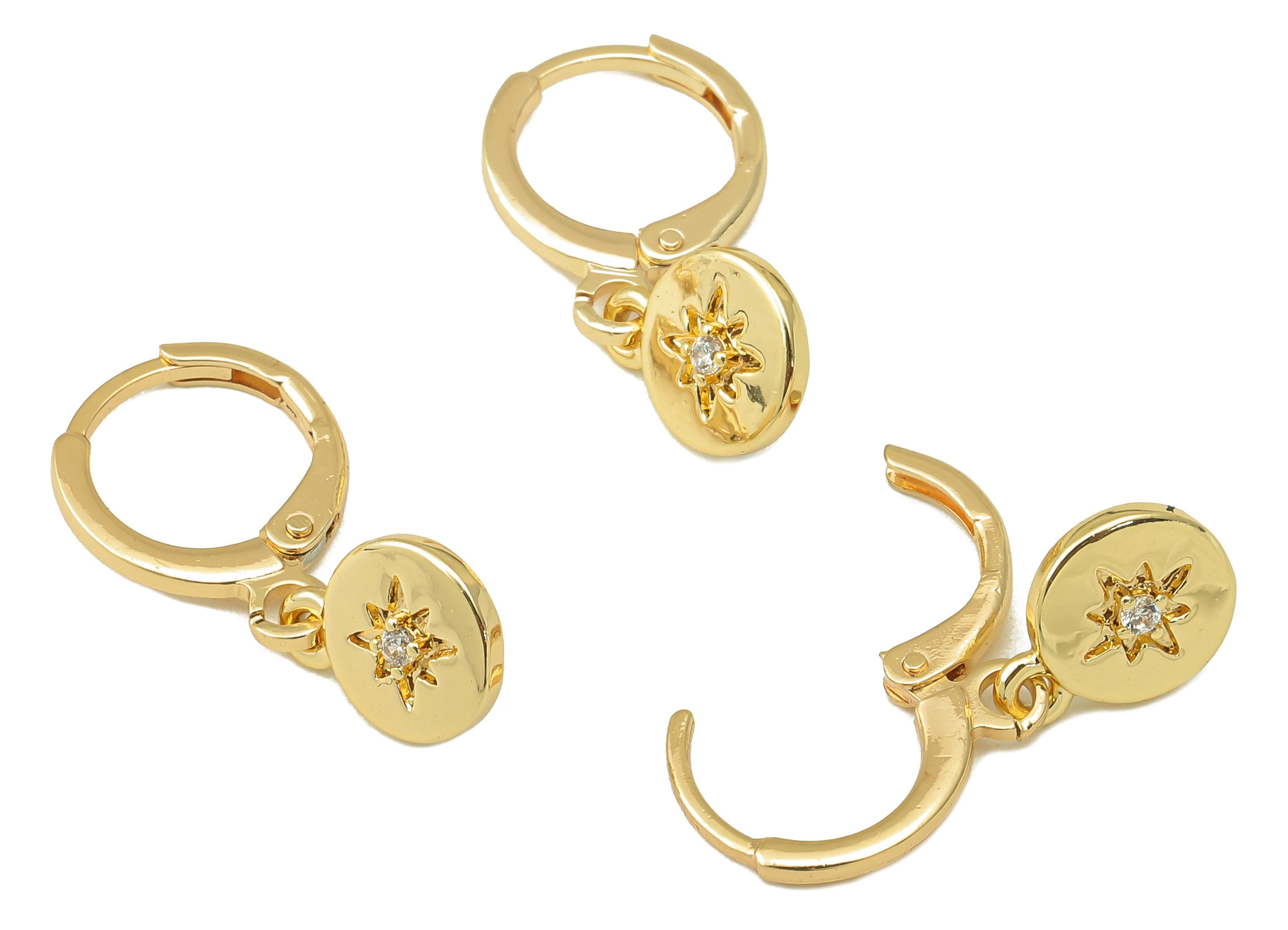 Brass Clasp Earring - Brass North Star CZ Clasp Hoop Earring- Cubic Zirconia Huugie Earring-18K Real Gold Plating-23.36x11.37x1.52mm-RGP5987 - DOMEDBAZAAR