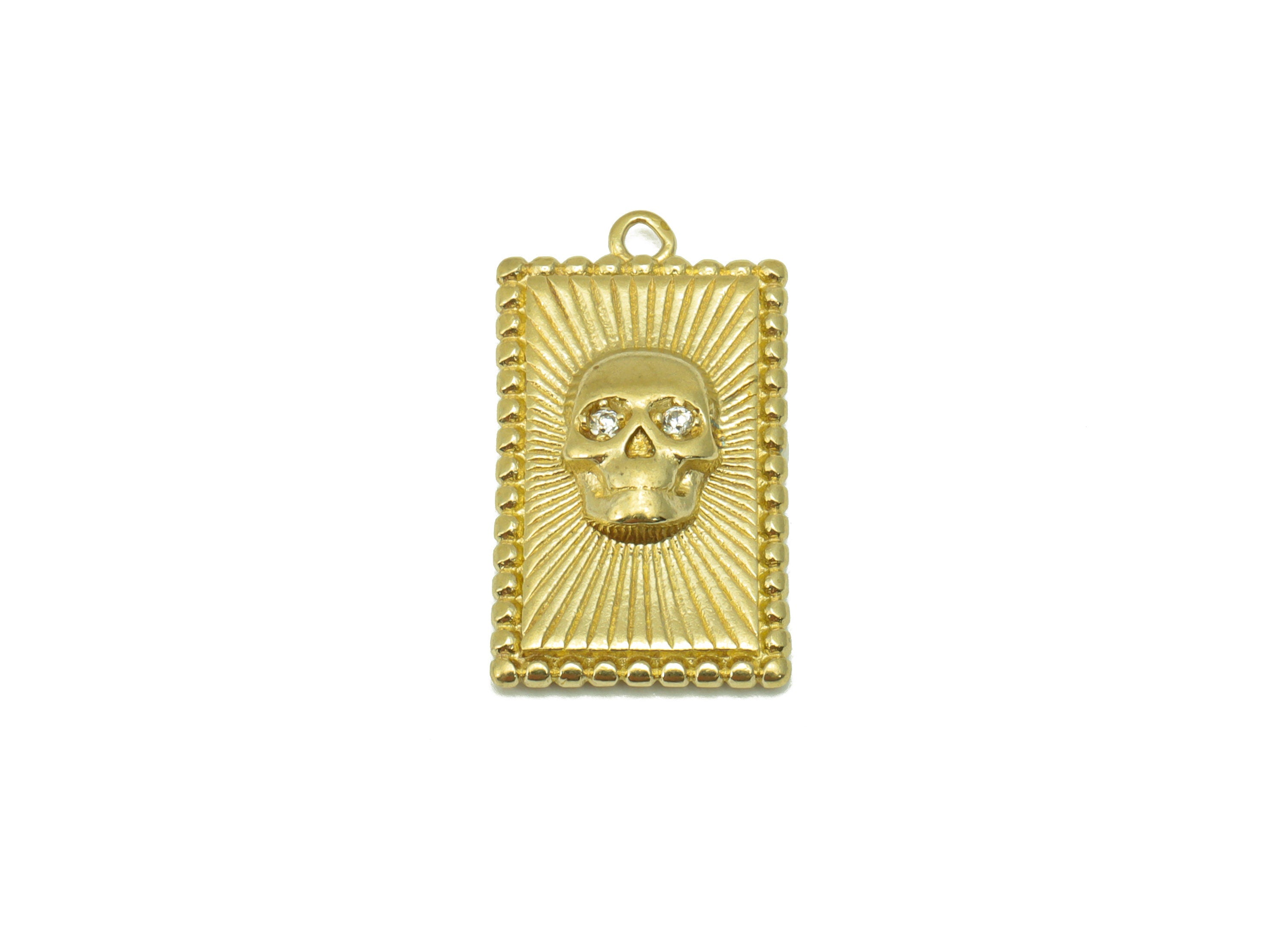 Brass Rectangle Skull Pendant - Textured Brass - Cubic Zircon - Jewelry Supplies -21.1 x 11.3 x 3.6mm-PP8463 - DOMEDBAZAAR