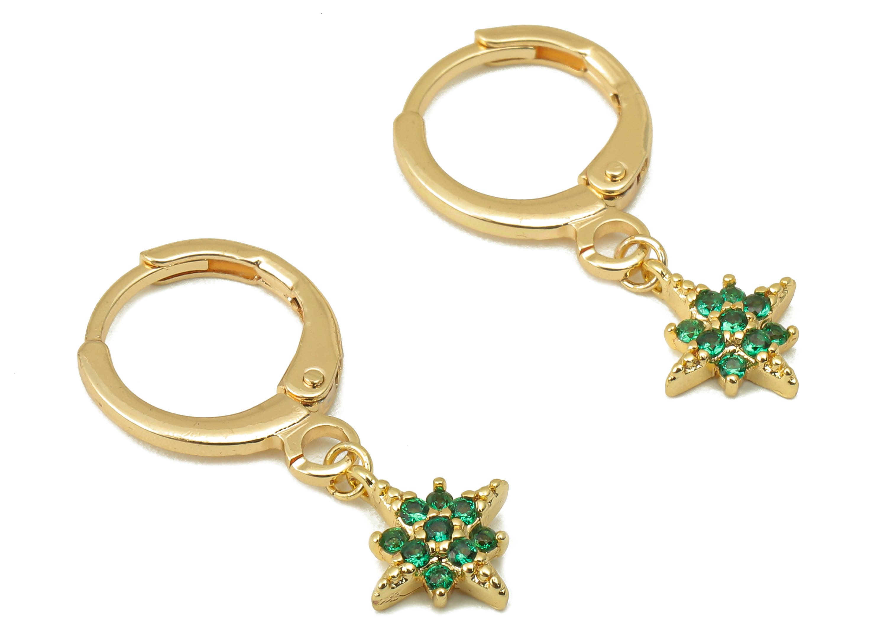 Brass Star Hoop Earring - Brass Green CZ Huggie Hoop -Zirconia Cubic Clasp Hoop Earring -18K Real Gold Plating-24.84x 11.4x 2.03mm-RGP5991 - DOMEDBAZAAR