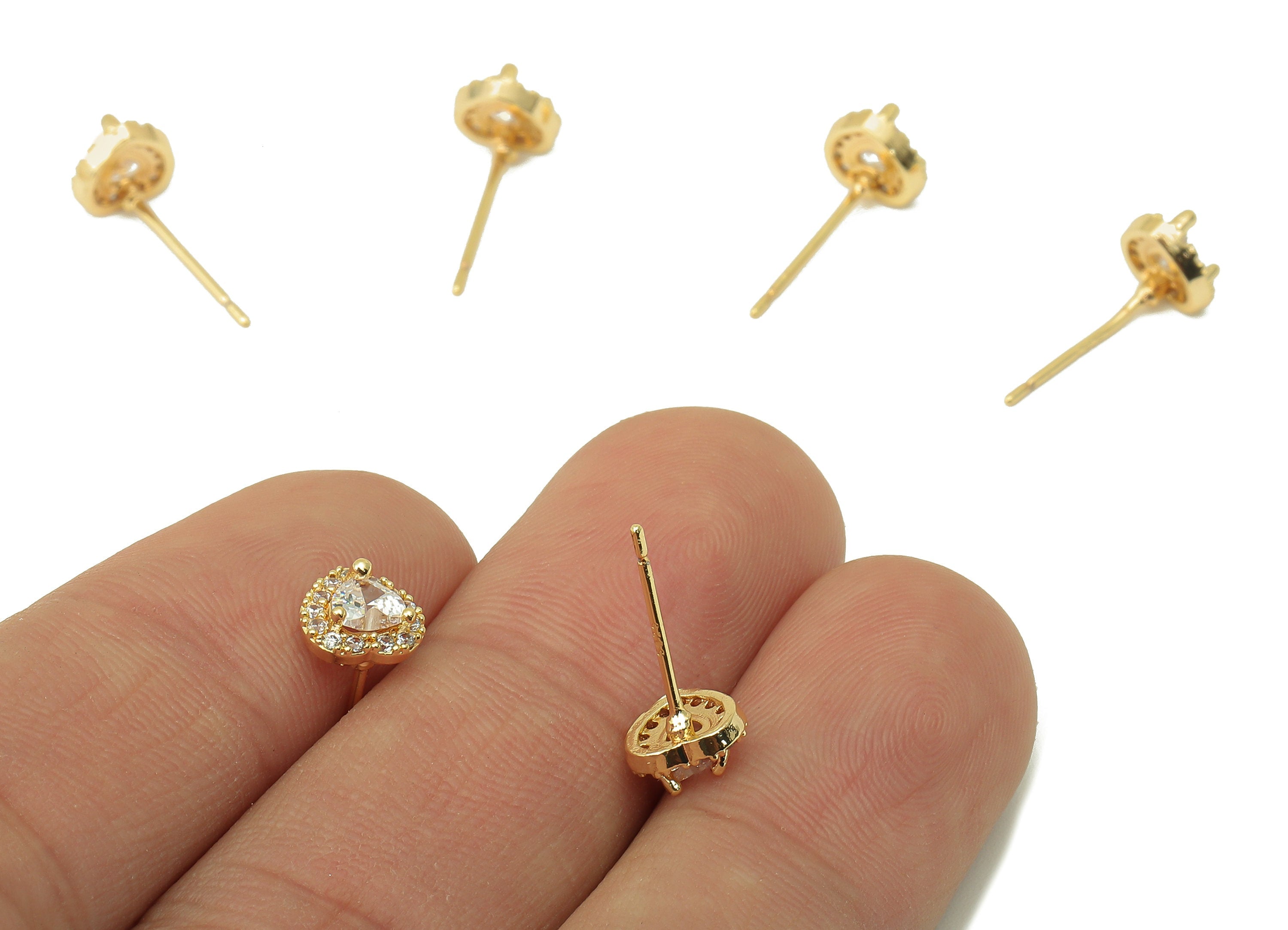 Brass Heart Stud Earring - Brass Double Heart CZ Earring Stud -Zirconia Cubic Earring Post -18K Real Gold Plating-6.62x6.94x 3.1mm-RGP5993 - DOMEDBAZAAR