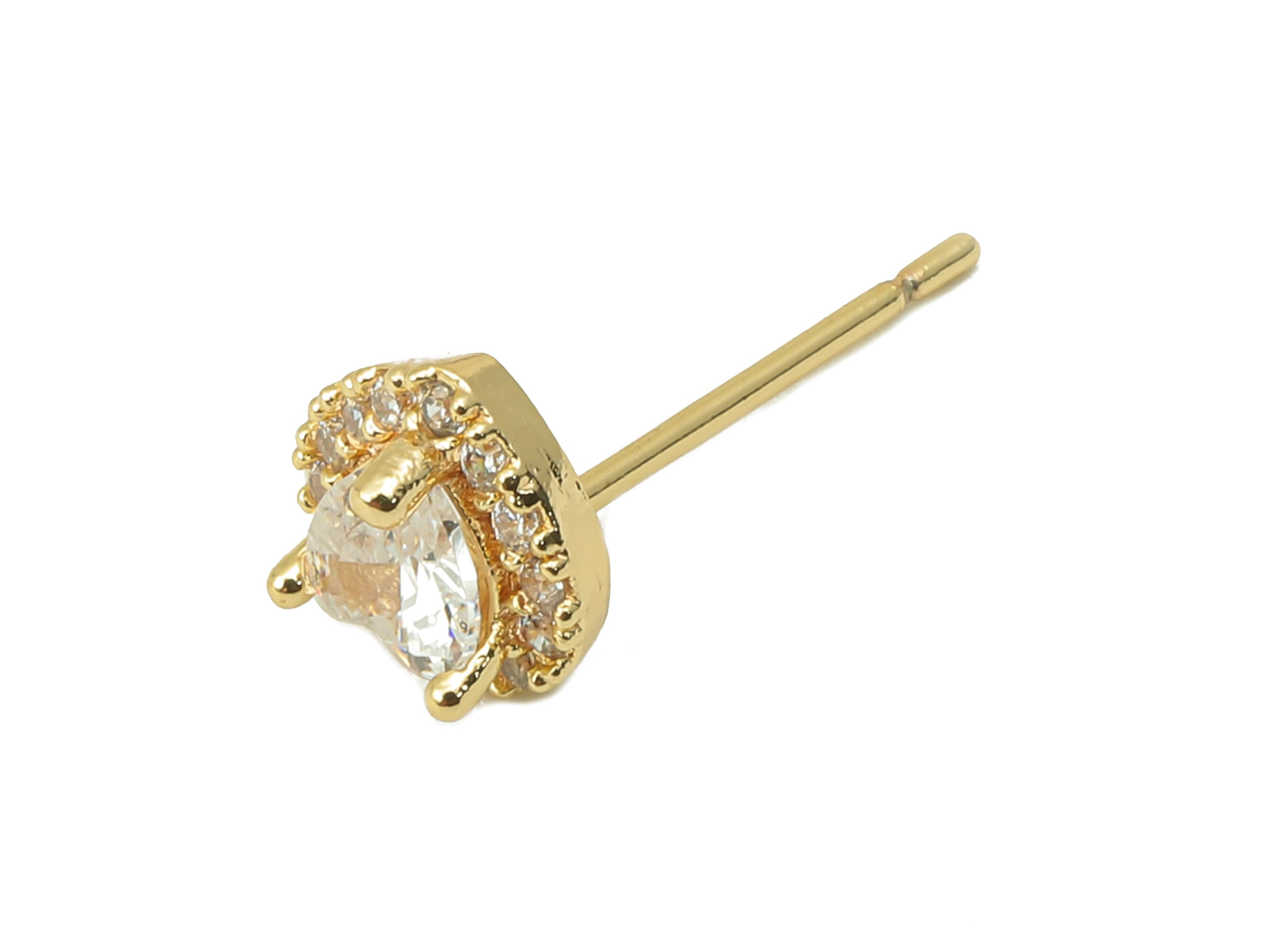 Brass Heart Stud Earring - Brass Double Heart CZ Earring Stud -Zirconia Cubic Earring Post -18K Real Gold Plating-6.62x6.94x 3.1mm-RGP5993 - DOMEDBAZAAR
