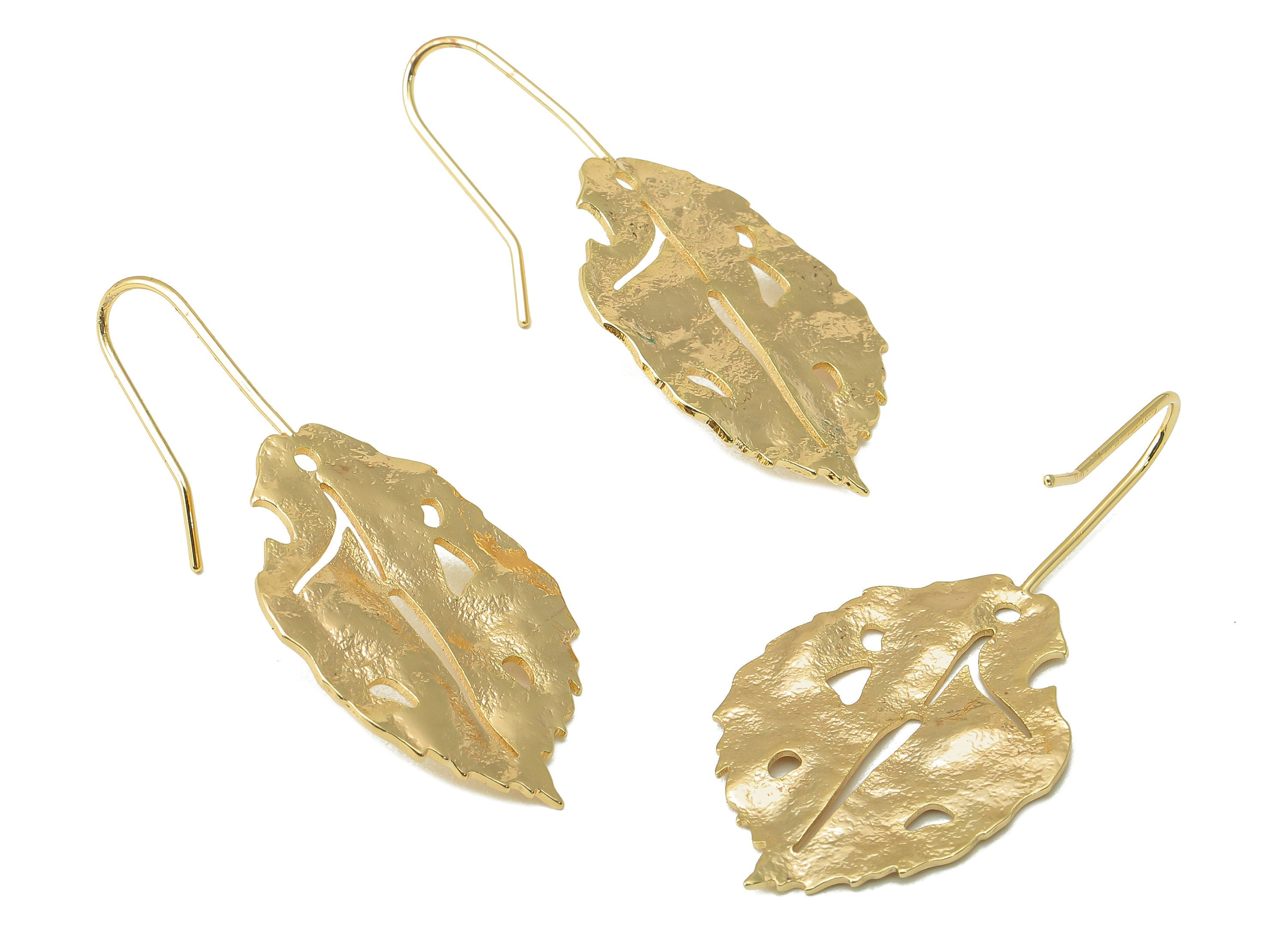 Brass Wires Betula Earring - Brass Leaf Hook Earring-Brass Textured Botanical Earring-18K Real Gold Plating-41.6x 19.01 x 0.92mm-RGP5998 - DOMEDBAZAAR