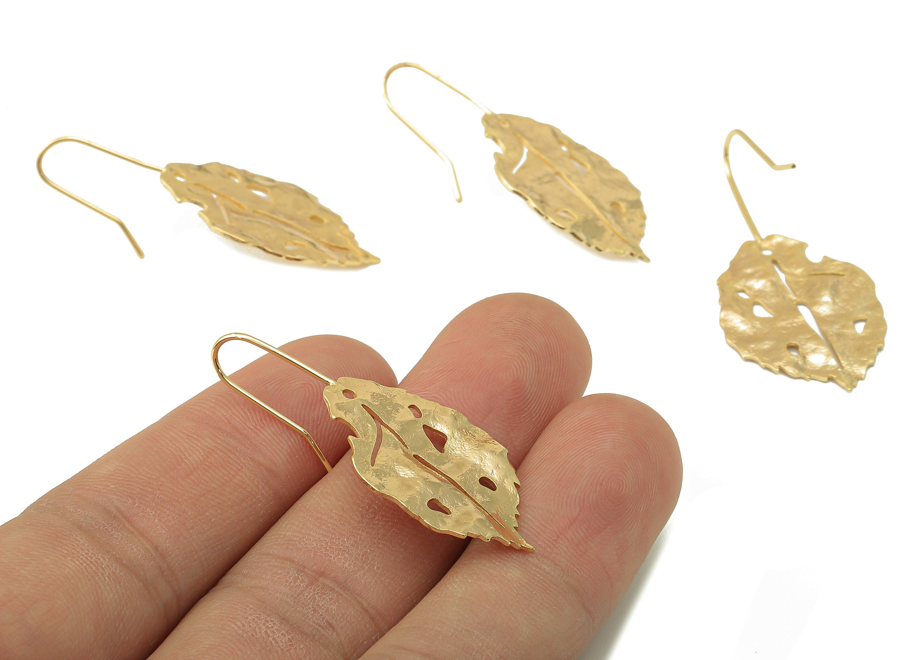 Brass Wires Betula Earring - Brass Leaf Hook Earring-Brass Textured Botanical Earring-18K Real Gold Plating-41.6x 19.01 x 0.92mm-RGP5998 - DOMEDBAZAAR
