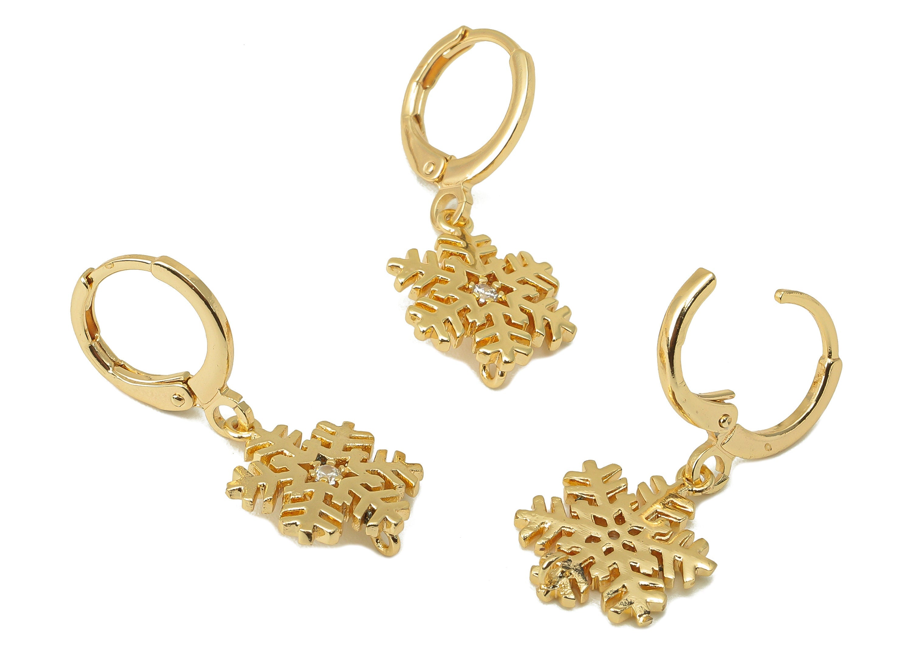 Brass Hoop Earring - Snowflake Huggie Hoop-Cubic Zirconia Clasp Hoop Earring-Huggie Hoop-18K Real Gold Plating-28.27x 11.96x 1.7mm-RGP6000 - DOMEDBAZAAR