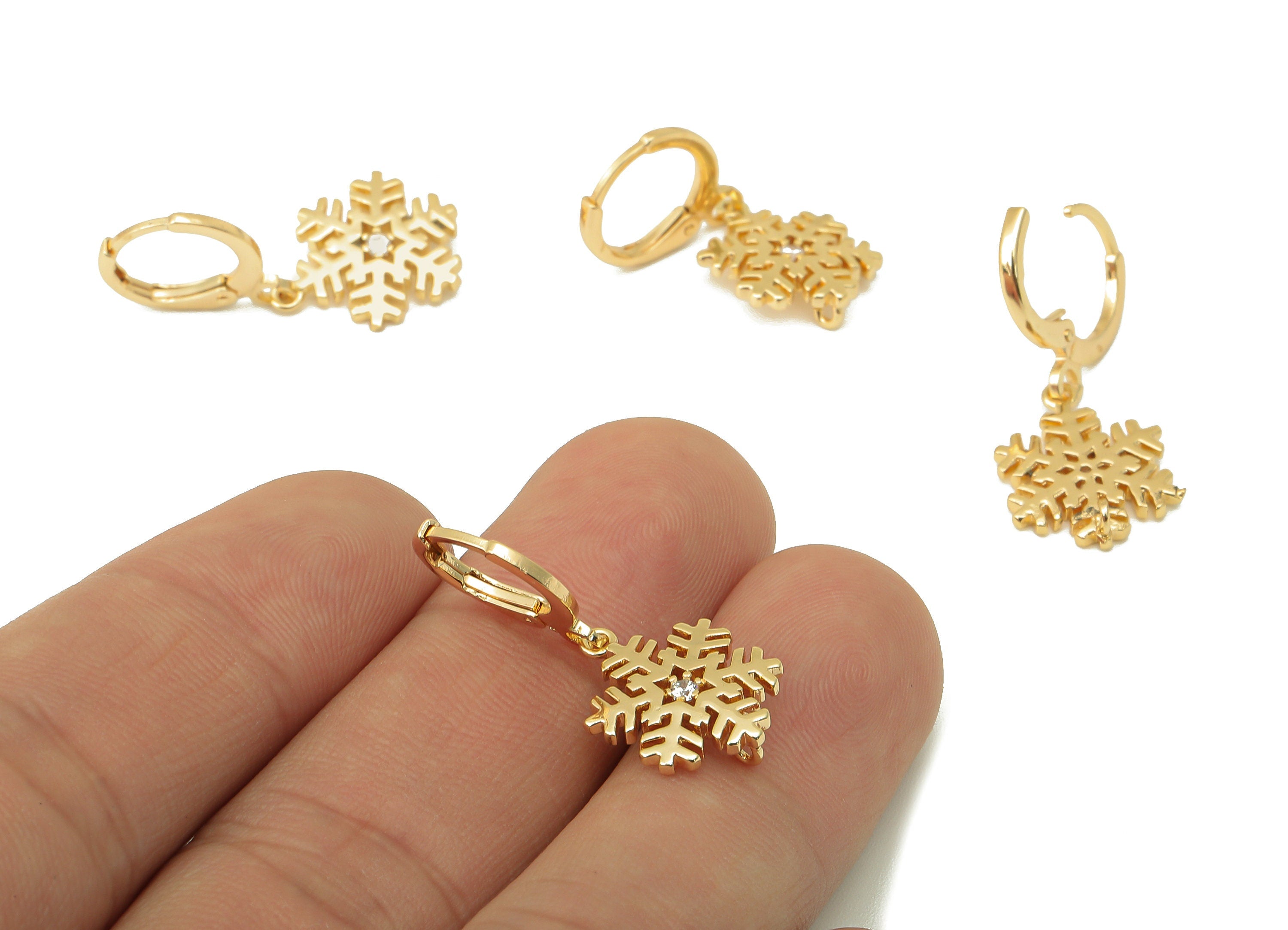 Brass Hoop Earring - Snowflake Huggie Hoop-Cubic Zirconia Clasp Hoop Earring-Huggie Hoop-18K Real Gold Plating-28.27x 11.96x 1.7mm-RGP6000 - DOMEDBAZAAR