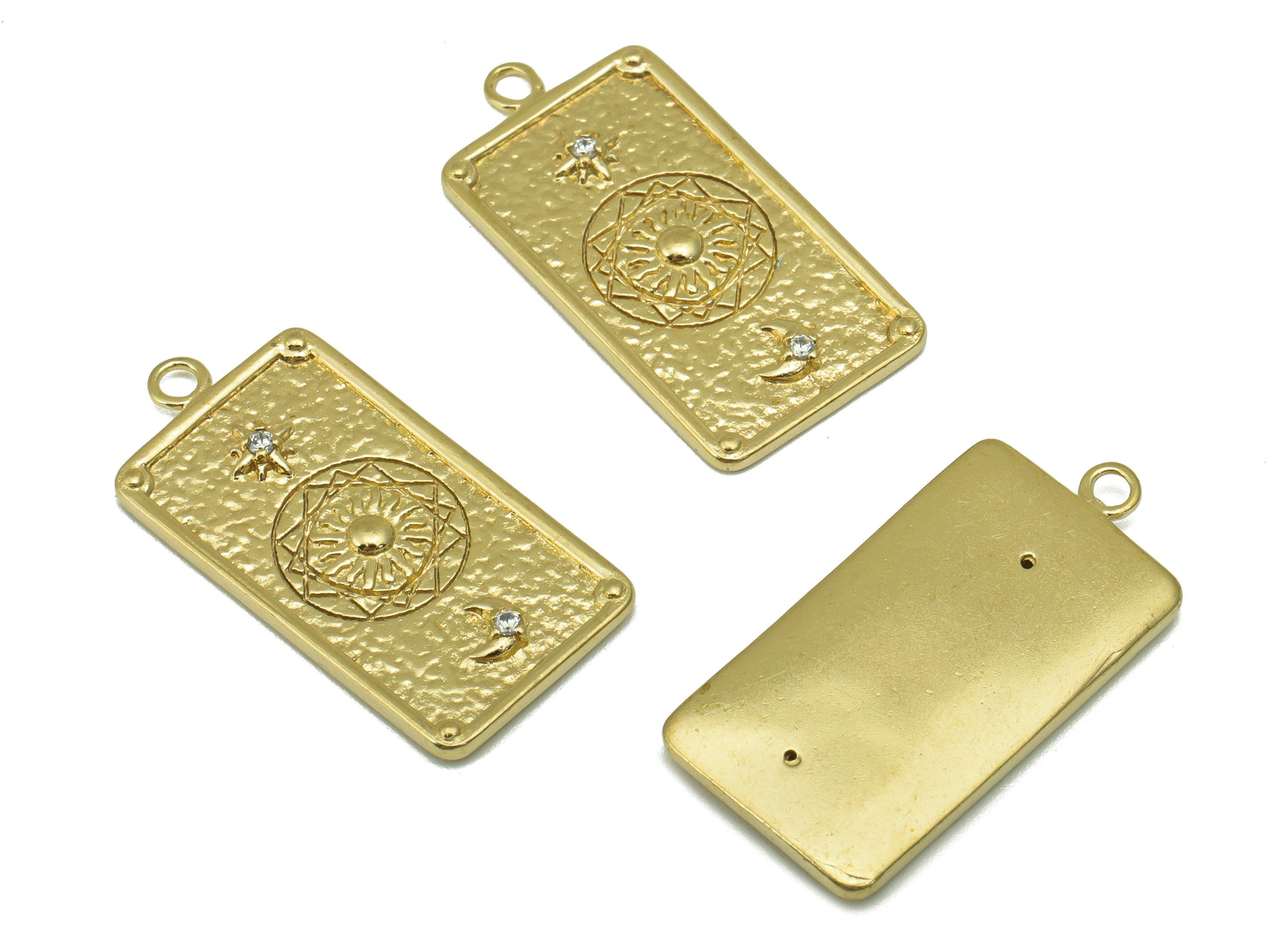 Brass Rectangle Pendant - Hammered Brass - North Star Moon - Crescent Cubic Zircon --Jewelry Supplies -27x 13 x 1.33mm --PP8460 - DOMEDBAZAAR