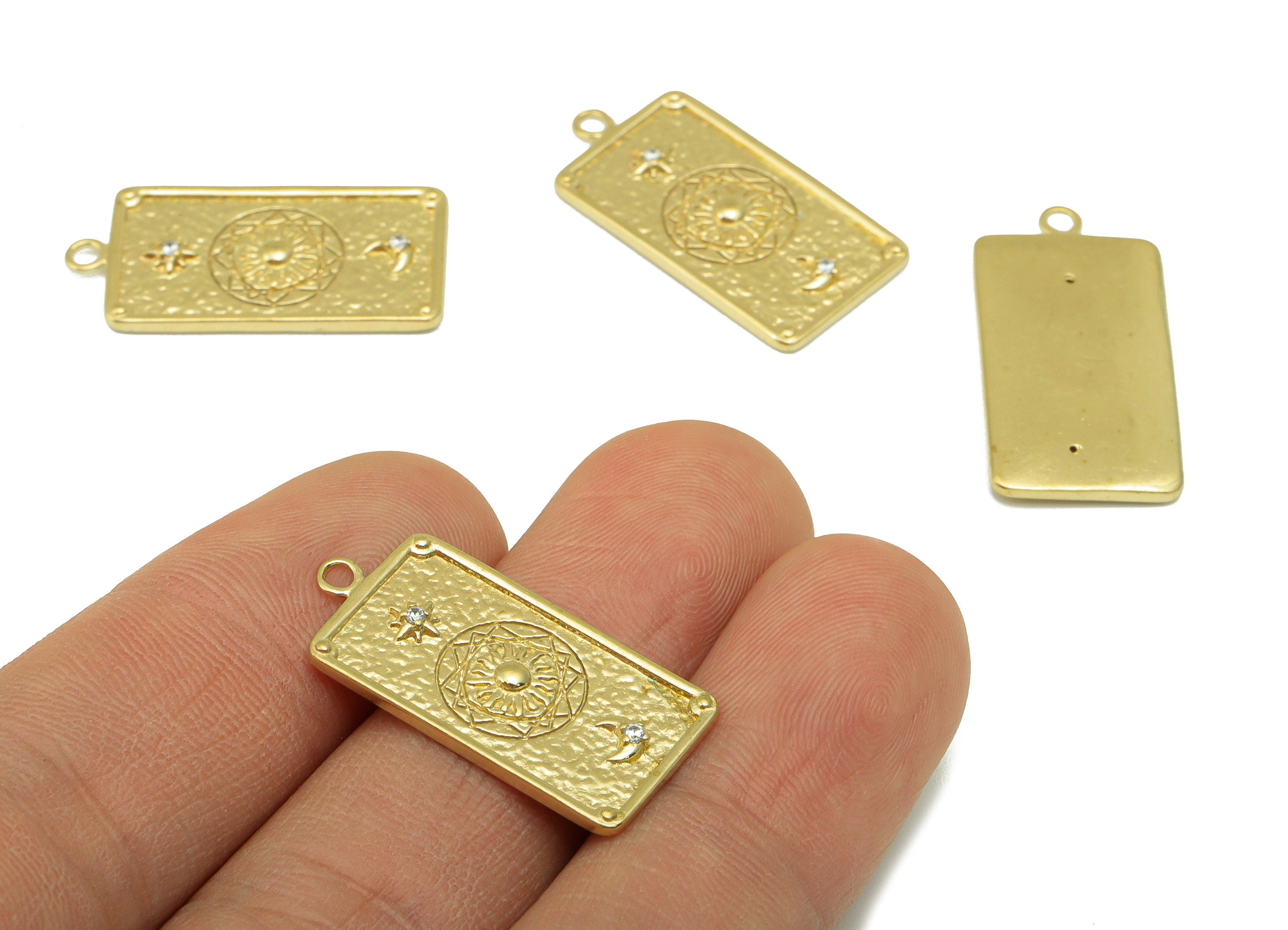 Brass Rectangle Pendant - Hammered Brass - North Star Moon - Crescent Cubic Zircon --Jewelry Supplies -27x 13 x 1.33mm --PP8460 - DOMEDBAZAAR