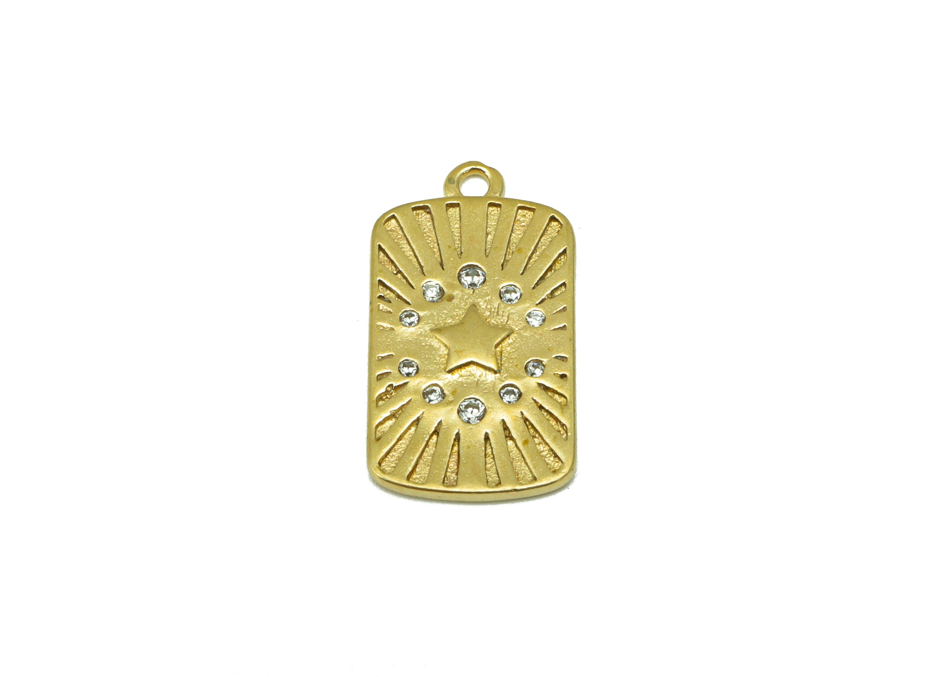 Brass Rectangle Star Pendant -Sun Patterned Brass Charm - Brass Zircon - For Necklace - Jewelry Supplies -18.9x 10x 1.24mm --PP8492 - DOMEDBAZAAR