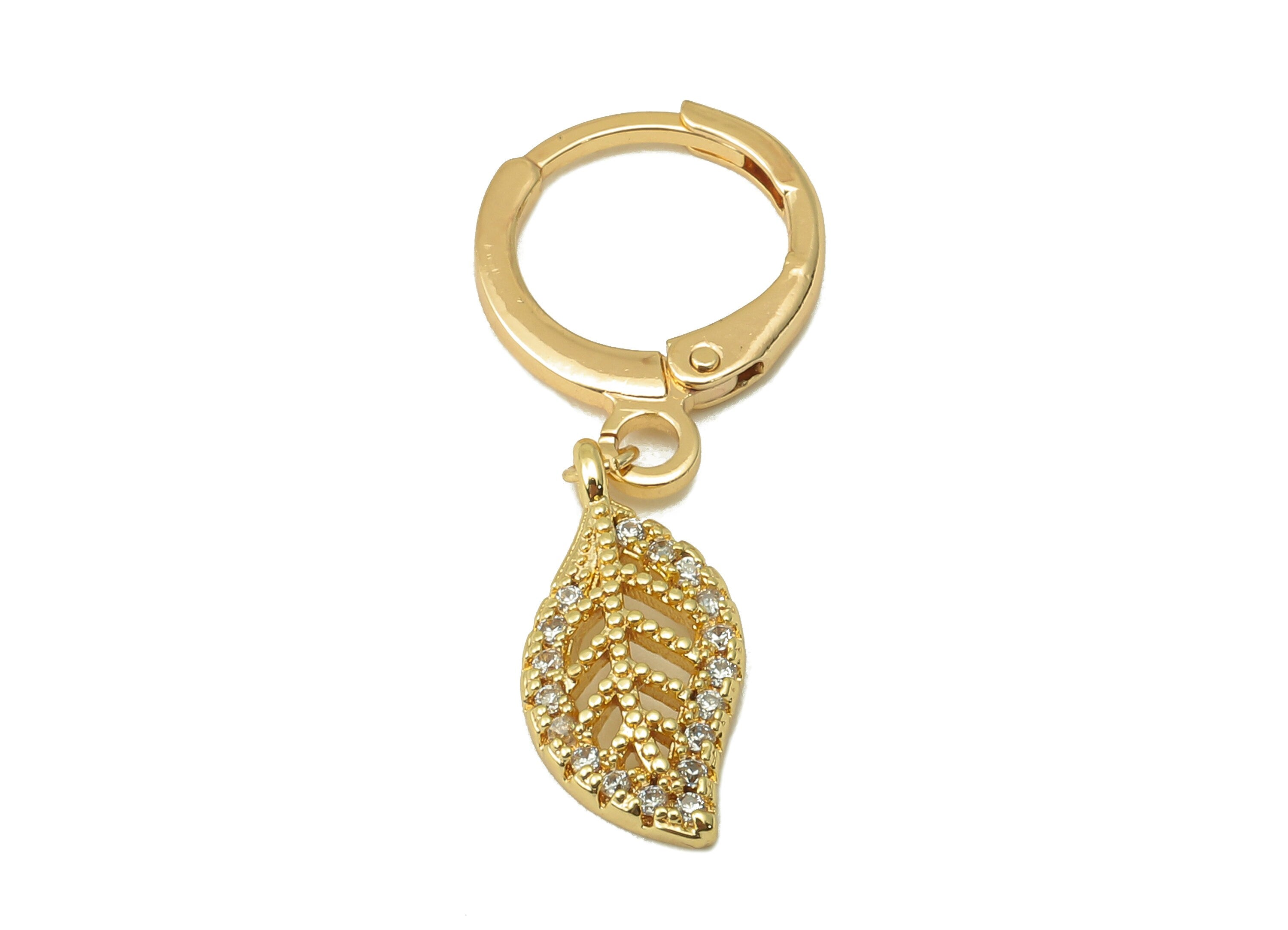 Brass Clasp Leaf Earring -Brass Huggie Hoop-Cubic Zirconia Clasp Earring - Botanical Hoop-18K Real Gold Plating - 29.4x 11.4x2.1mm - RGP6009 - DOMEDBAZAAR