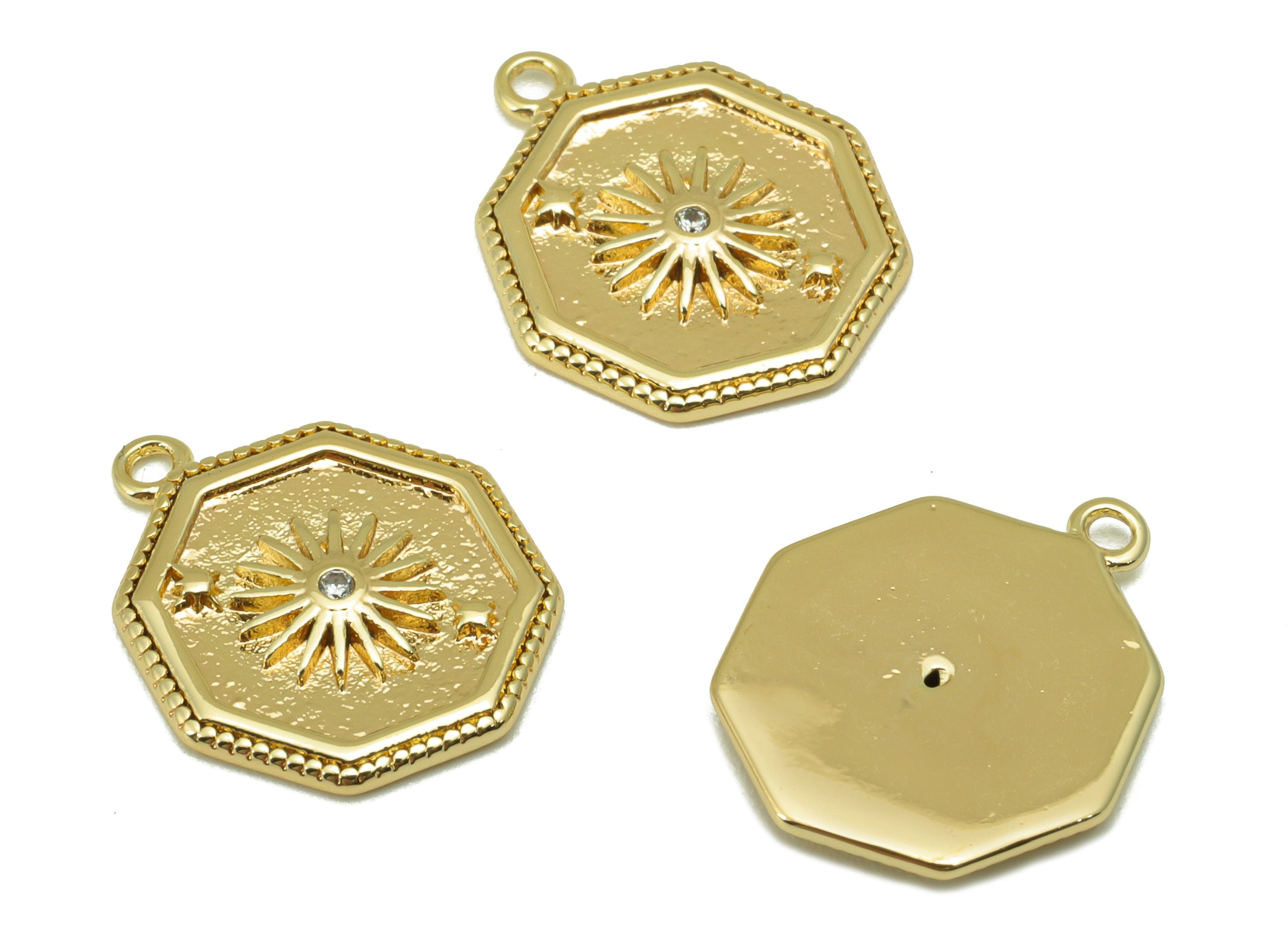 Brass Sun Charm - Brass Octagon Star Charm For Pendant - Cubic Zirconia Charm - For Necklace - 18K Real Gold Plated -17.6x14x1.7mm - RGP6230 - DOMEDBAZAAR