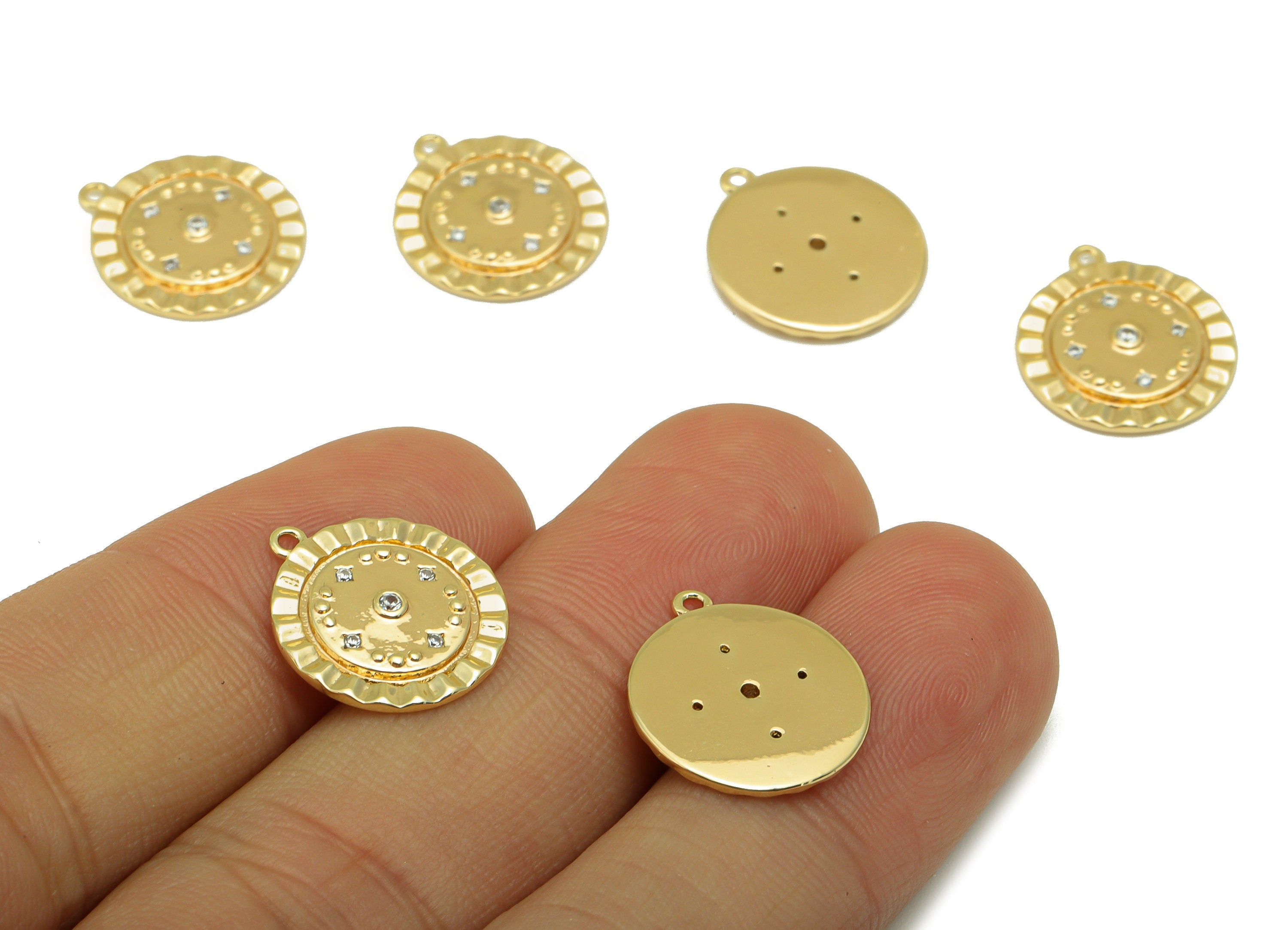 Brass Round Charm - Brass Cubic Zirconia Charm - Lace Dot Earring Charm - For Necklace - 18K Real Gold Plated -16x 14.47x 2.05mm - RGP6258 - DOMEDBAZAAR