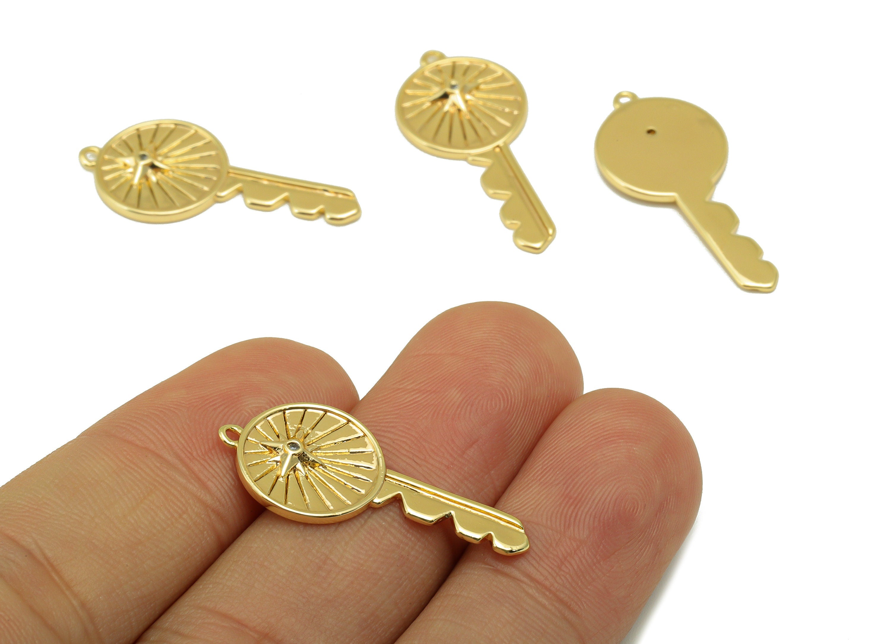 Brass Key Charm - Brass Cubic Zirconia Charm - North Star Earring Charm - For Necklace - 18K Real Gold Plated - 30x 13x 2.21mm - RGP6345 - DOMEDBAZAAR