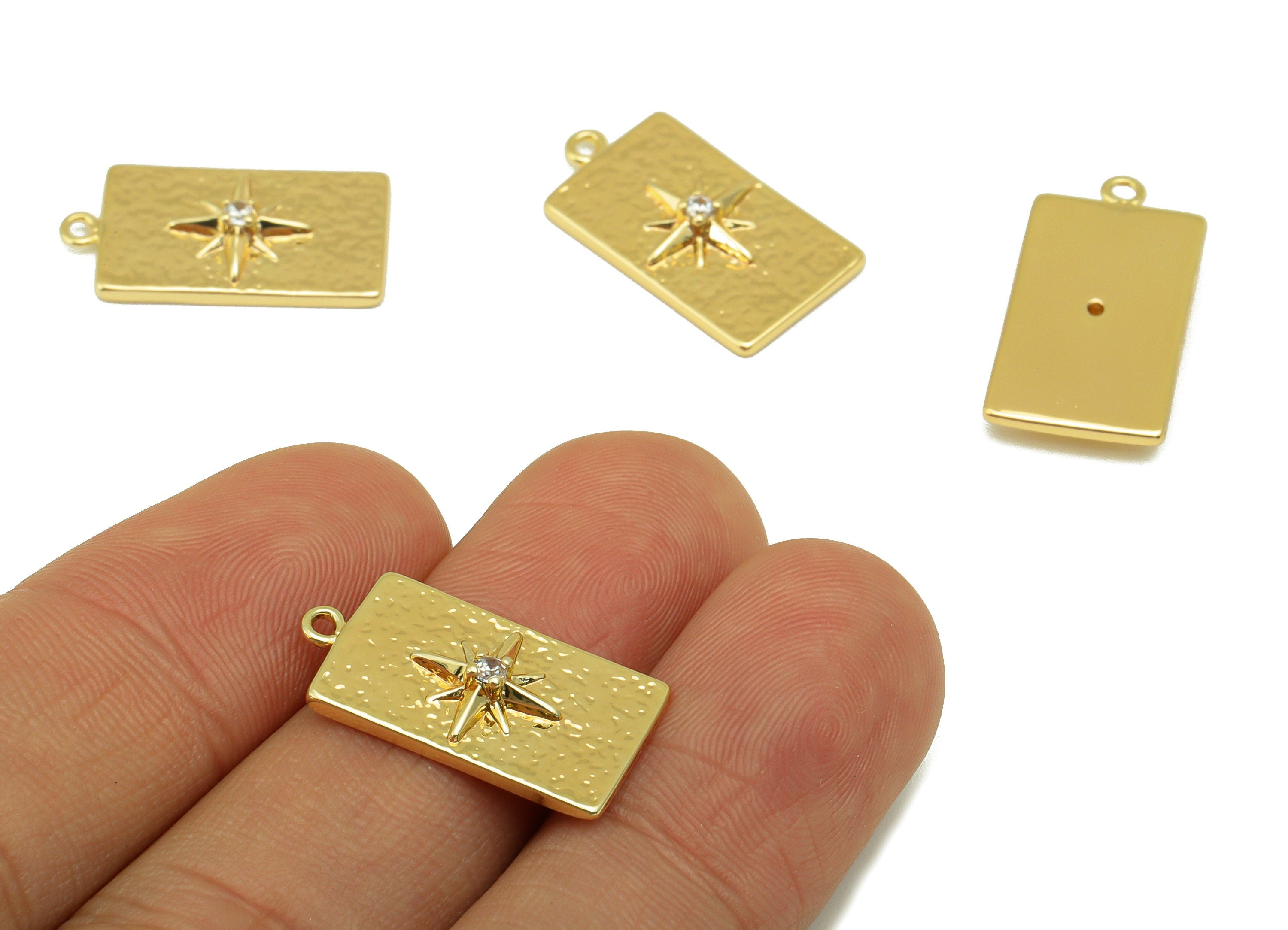 Brass Rectangle Charm - Brass Hammered Star Charm - North Star Charm For Pendant -Cubic Zirconia - 18K Real Gold Plated - 21x11x4mm- RGP6394 - DOMEDBAZAAR