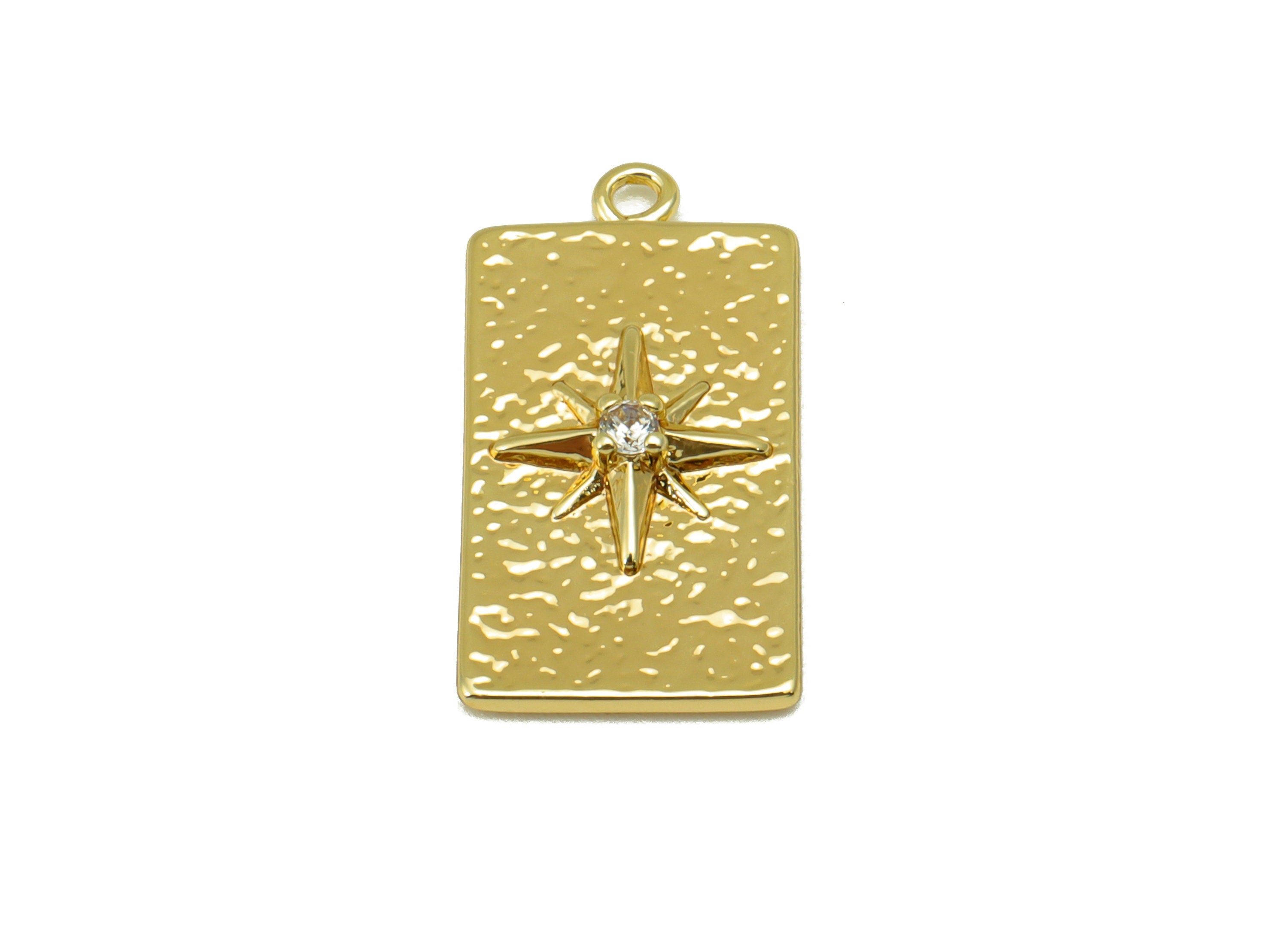 Brass Rectangle Charm - Brass Hammered Star Charm - North Star Charm For Pendant -Cubic Zirconia - 18K Real Gold Plated - 21x11x4mm- RGP6394 - DOMEDBAZAAR