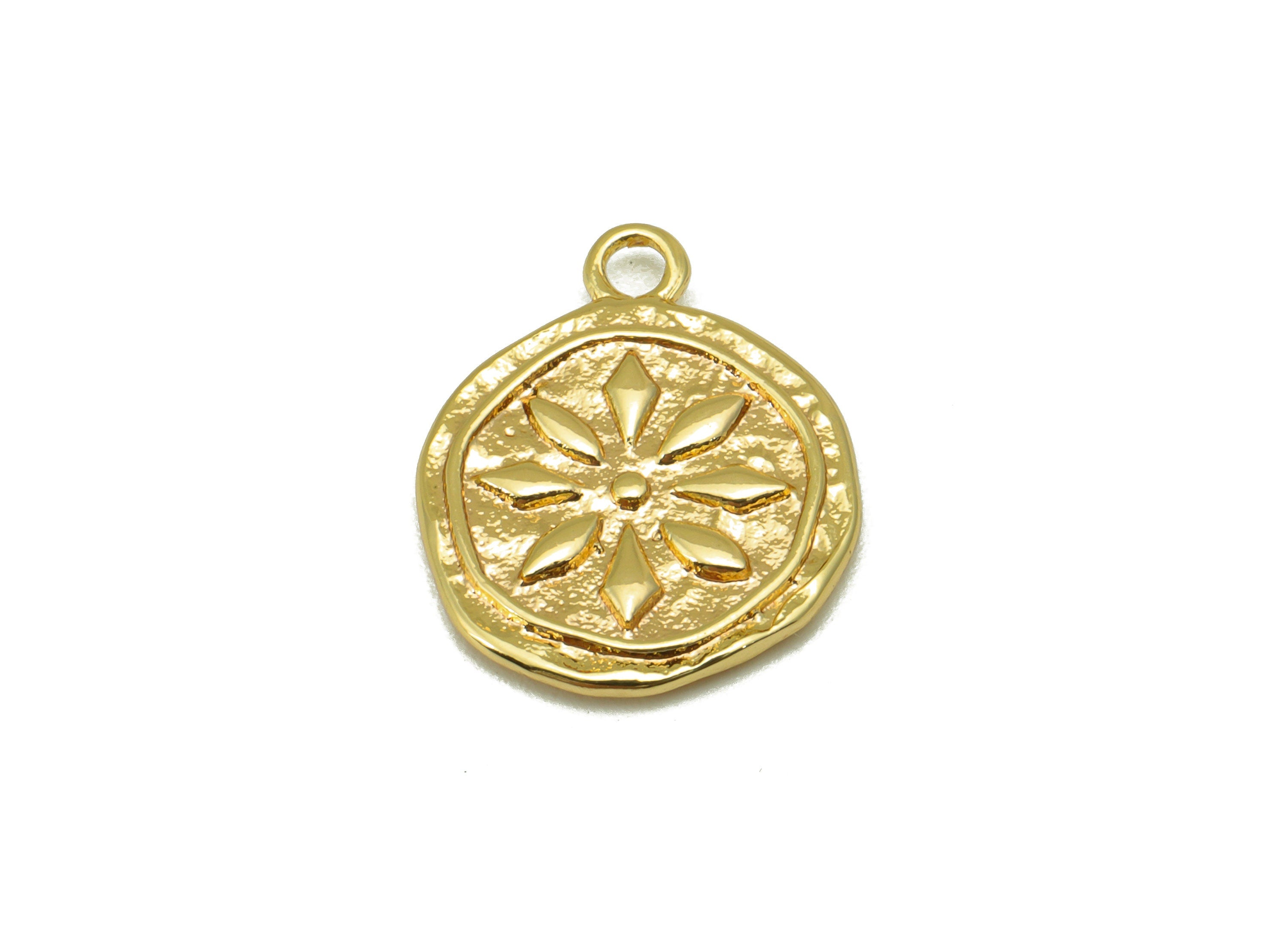 Brass Flower Charm - Brass Botanical Charm - Hammered Flower Charm For Pendant - For Necklace -18K Real Gold Plated -17x13.76x1.7mm- RGP6453 - DOMEDBAZAAR