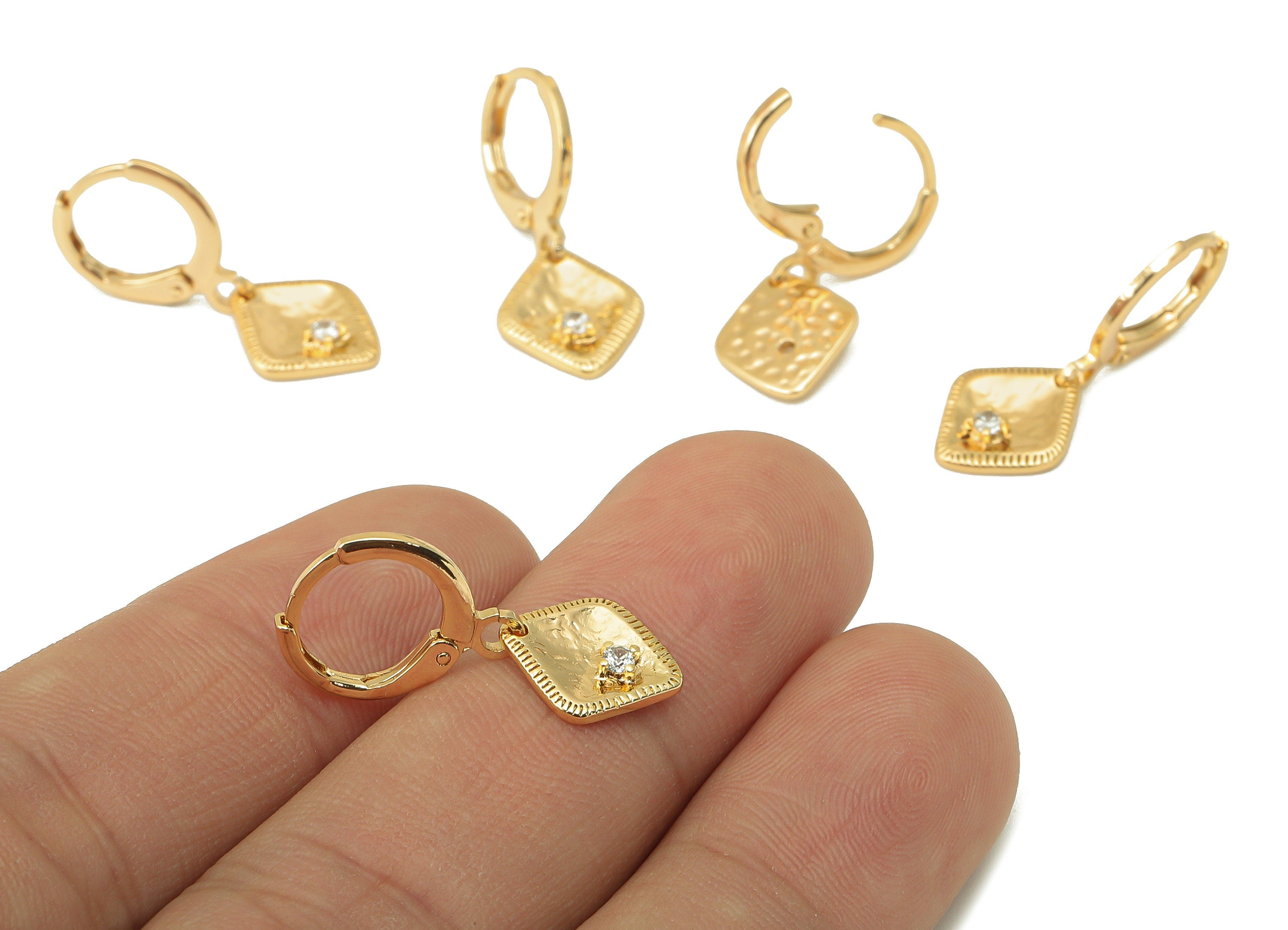 Brass Clasp Rhombus Earring - Brass Hammered Huggie Hoop - Cubic Zirconia Clasp Earring - 18K Real Gold Plating - 24.17x11.5x1.8mm - RGP6018 - DOMEDBAZAAR