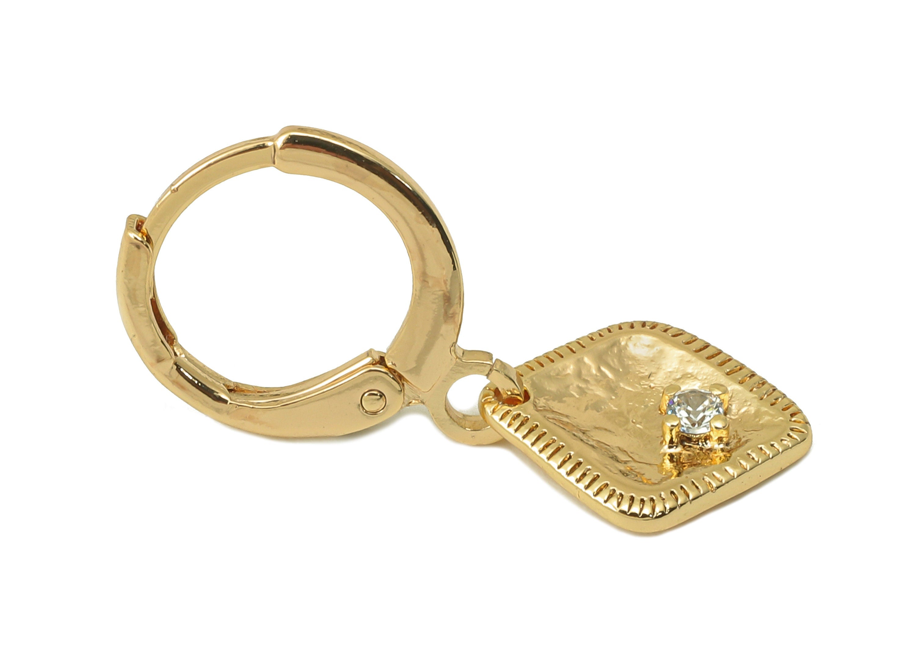 Brass Clasp Rhombus Earring - Brass Hammered Huggie Hoop - Cubic Zirconia Clasp Earring - 18K Real Gold Plating - 24.17x11.5x1.8mm - RGP6018 - DOMEDBAZAAR