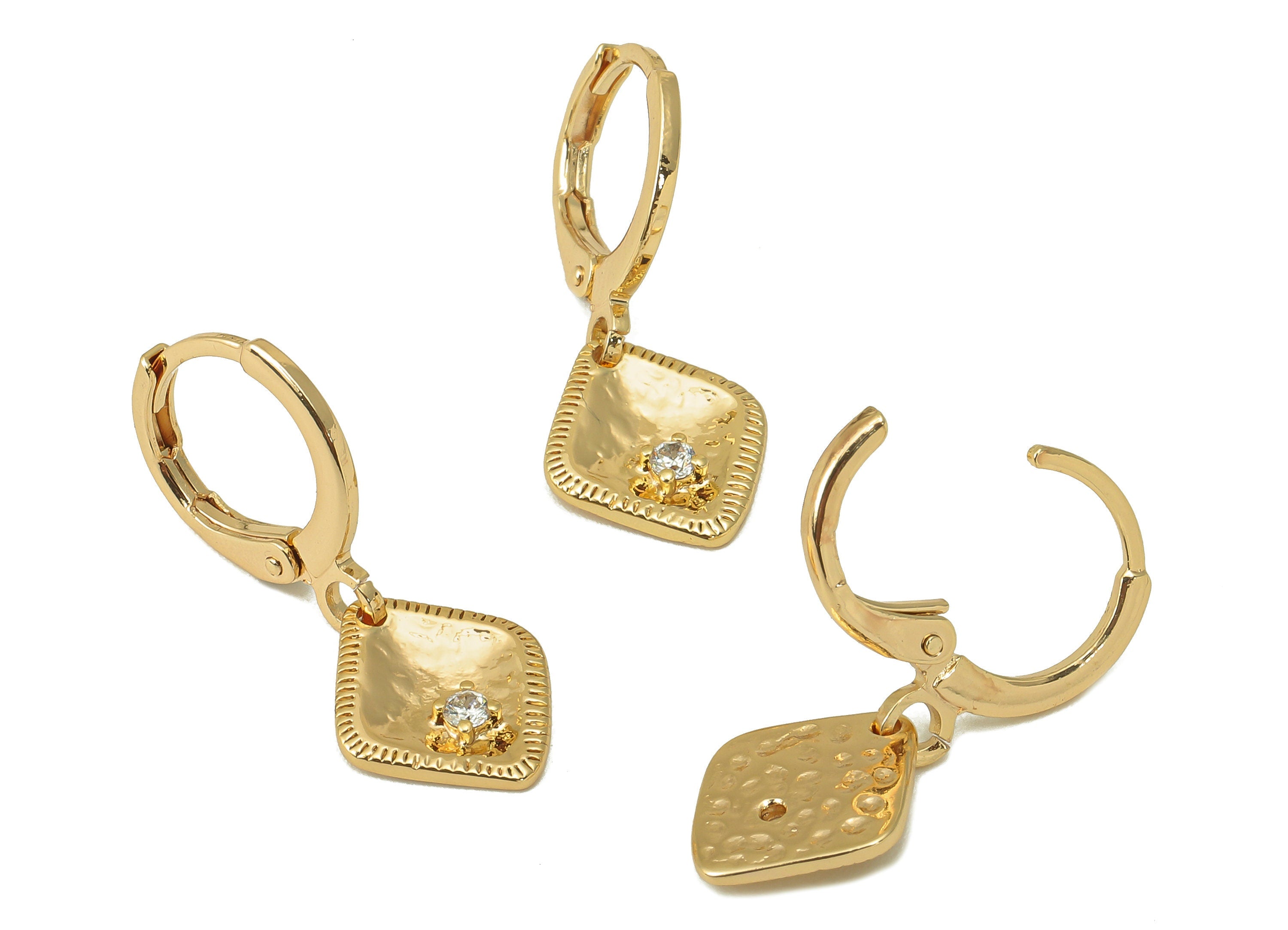 Brass Clasp Rhombus Earring - Brass Hammered Huggie Hoop - Cubic Zirconia Clasp Earring - 18K Real Gold Plating - 24.17x11.5x1.8mm - RGP6018 - DOMEDBAZAAR