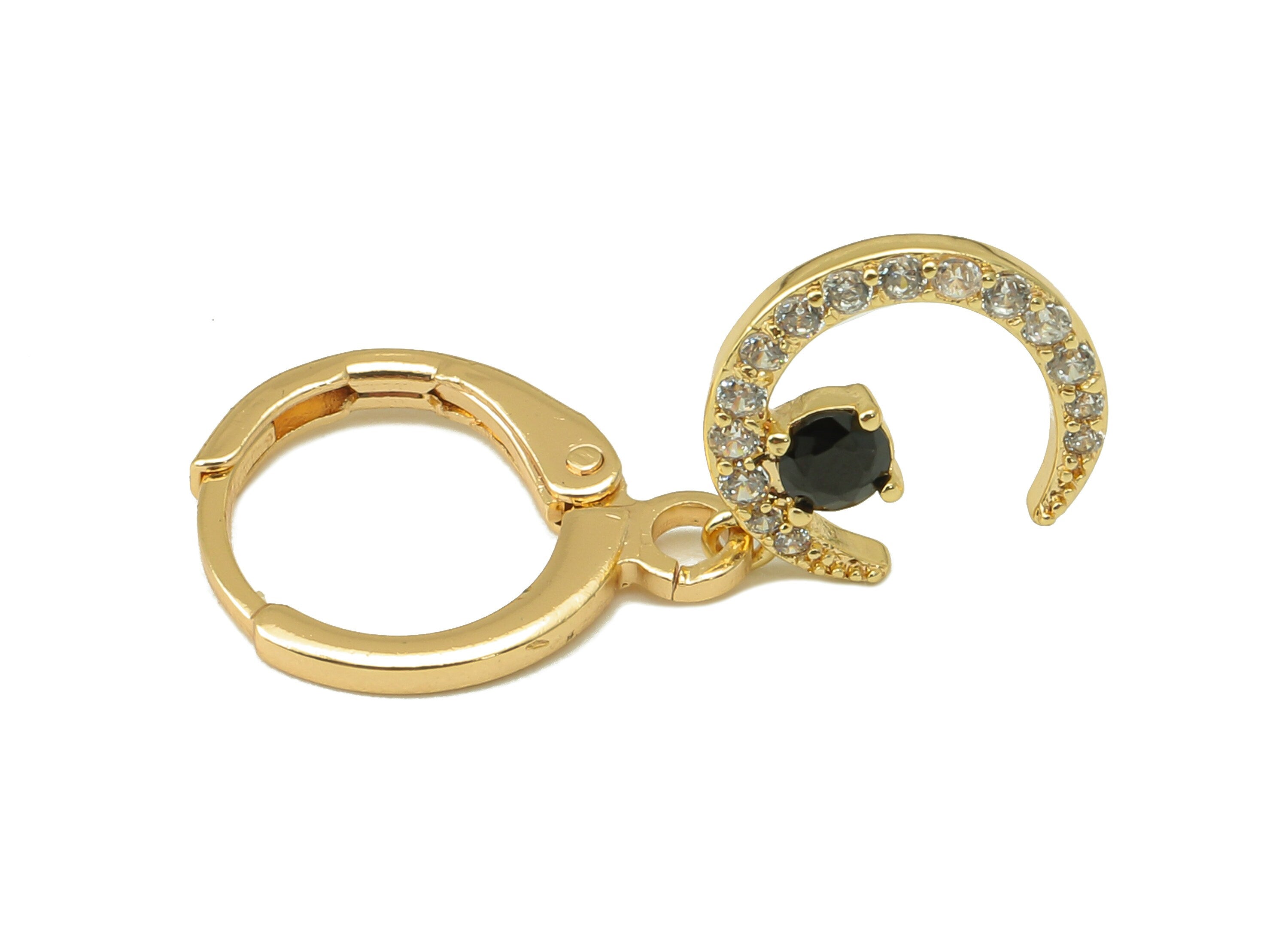 Brass Clasp Crescent Earring - Brass Moon Huggie Hoop - Cubic Black Zirconia Clasp Earring - 18K Real Gold Plating-25.4x11.4x1.9mm - RGP6018 - DOMEDBAZAAR