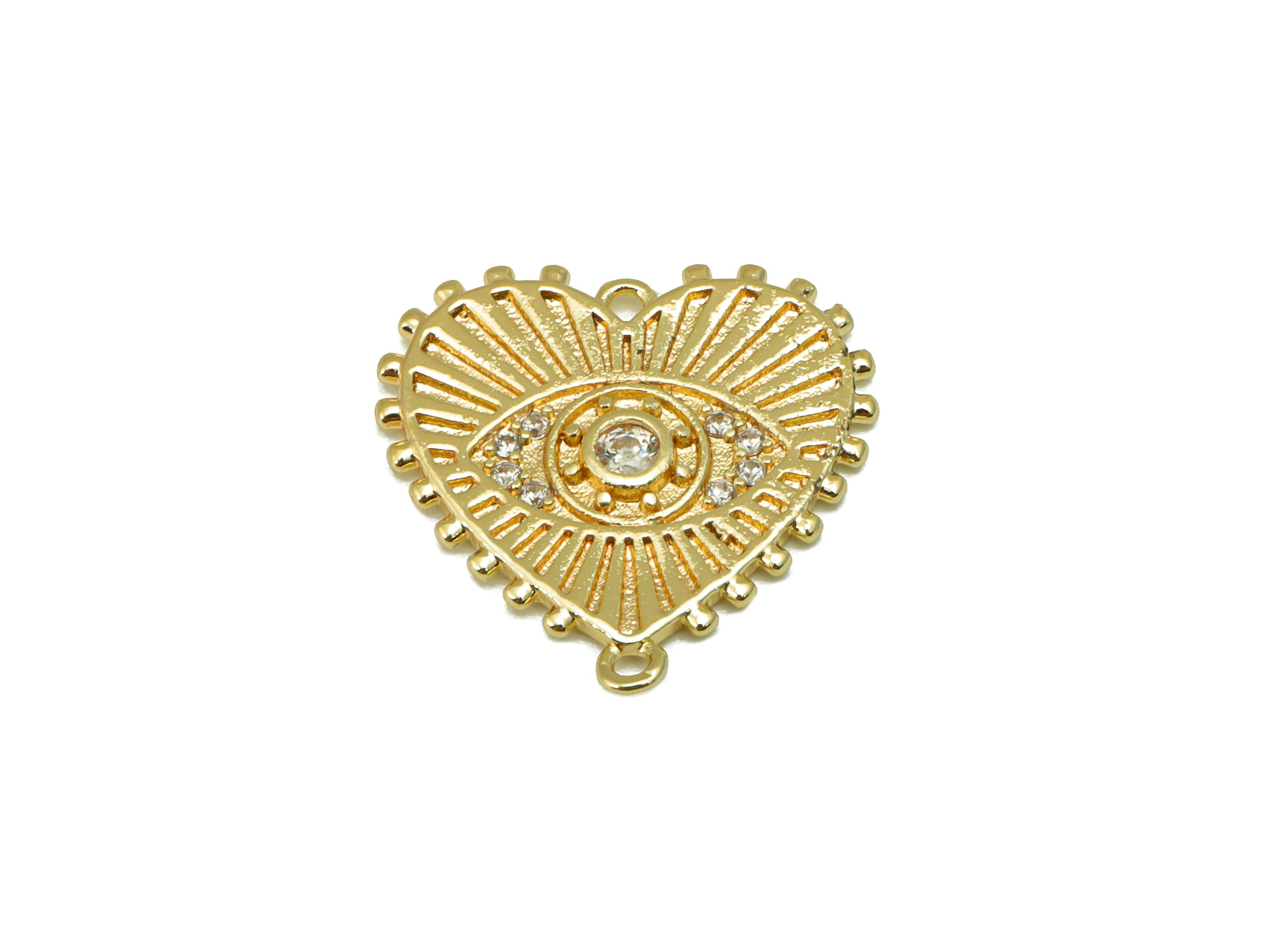 Brass Heart Charm - Brass Eye Charm For Pendant - Cubic Zirconia Earring Charm - For Necklace - 18K Real Gold Plated -17.9x18x2mm - RGP6478 - DOMEDBAZAAR