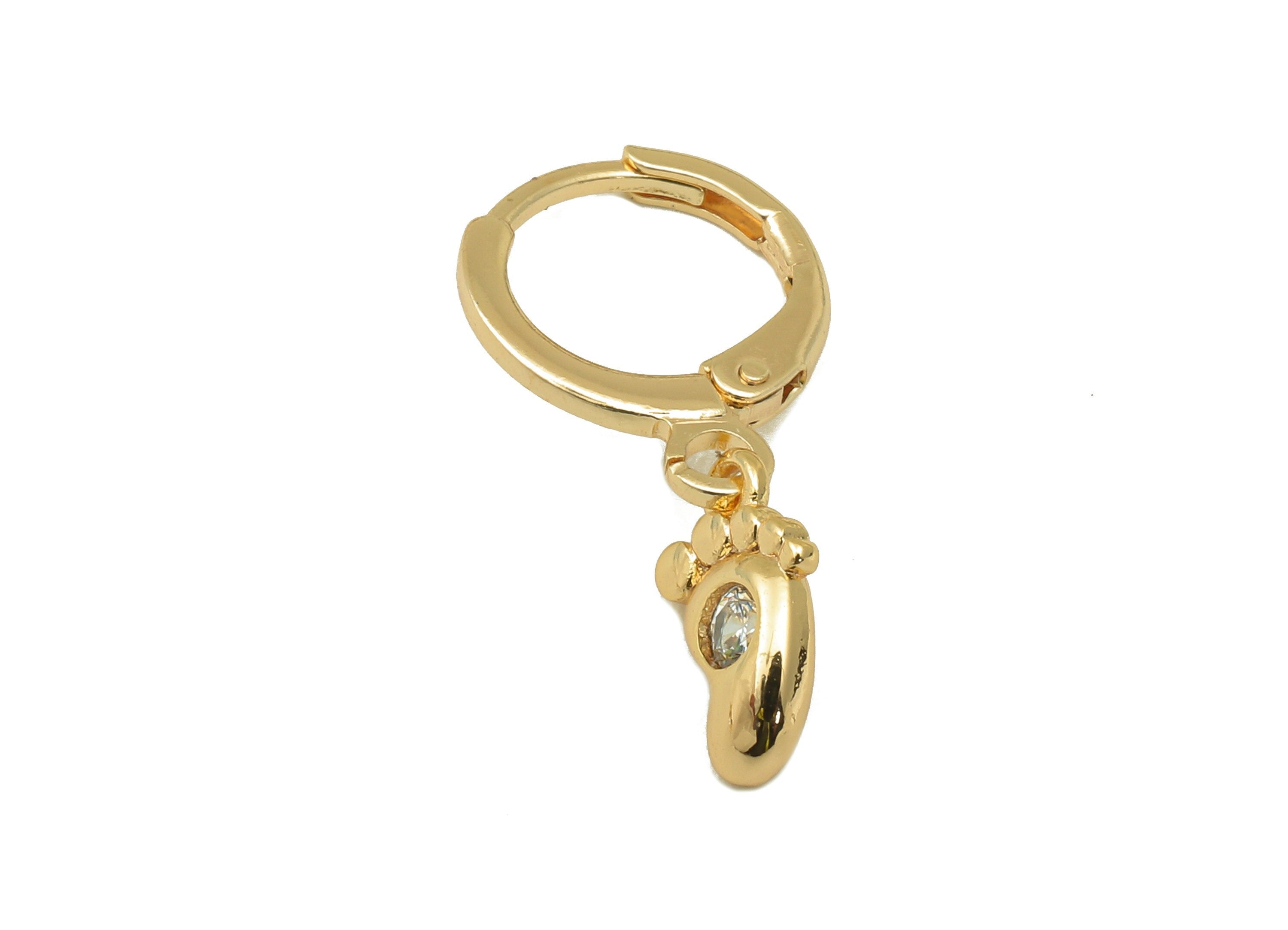 Brass Clasp Foot Earring - Brass CZ Huggie Hoop - Baby Foot Cubic Zirconia Hoop Earring - 18K Real Gold Plating-23.6x 11.83x2.56mm - RGP6025 - DOMEDBAZAAR
