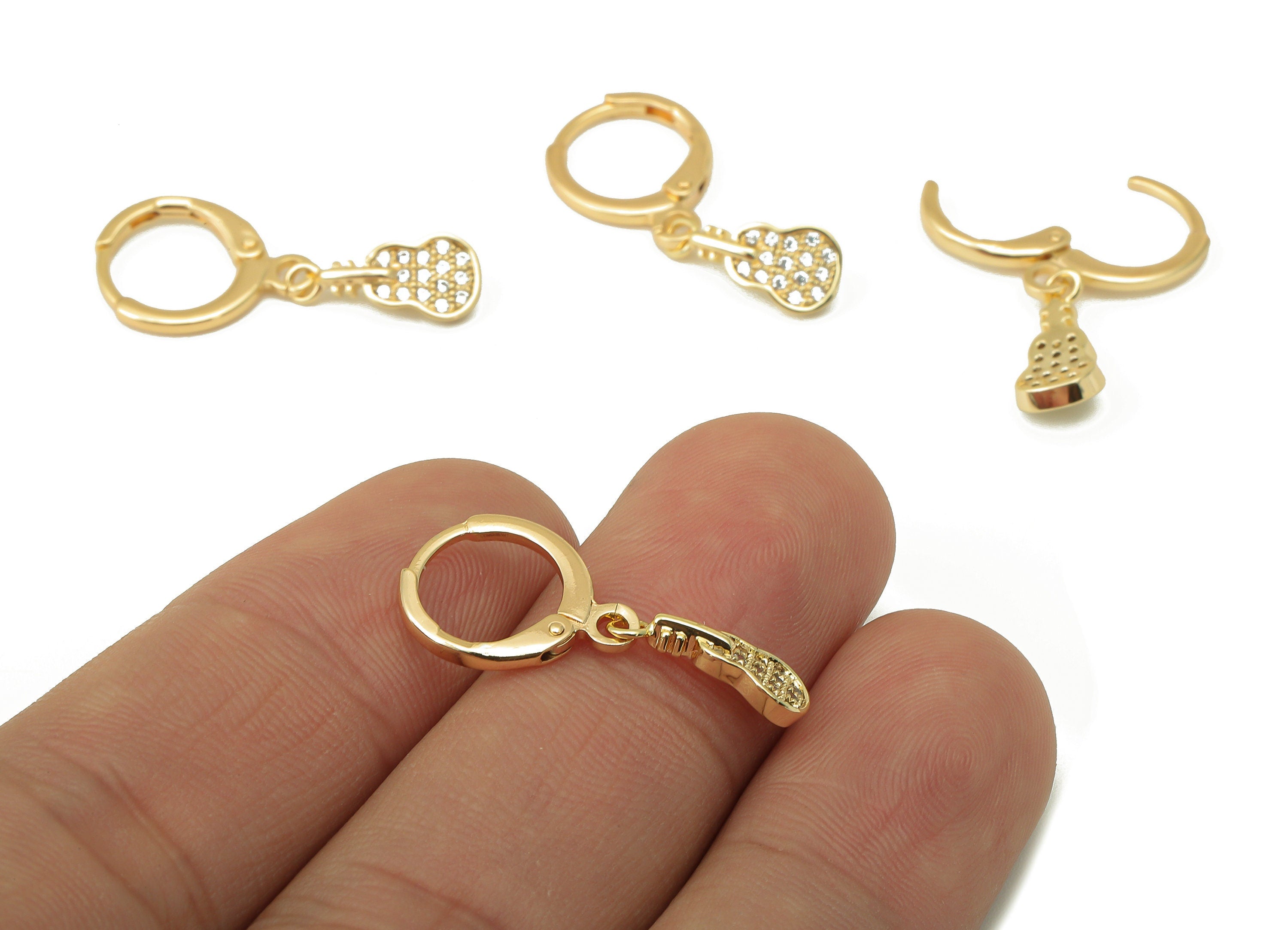 Brass Clasp Guitar Earring - Brass Semi Guitar CZ Huggie Hoop - Cubic Zirconia Hoop Earring - 18K Real Gold Plating-26.3x11x1.63mm- RGP6027 - DOMEDBAZAAR
