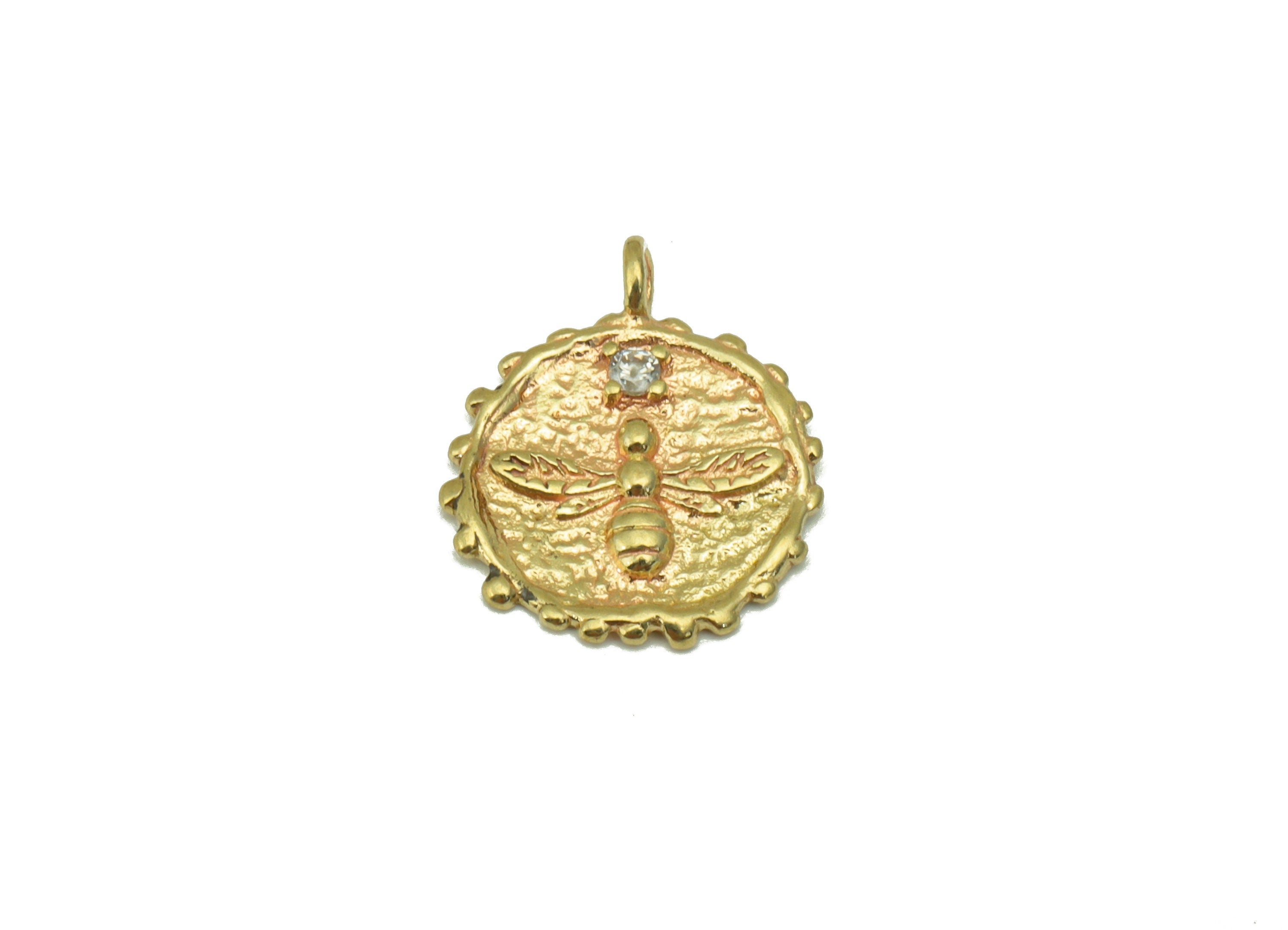 Brass Round Bee Charm - Hammered Brass Bee - Cubic Zircon - Animal Pendant- Jewelry Supplies -19 x 15 x 2.01mm-PP8490 - DOMEDBAZAAR