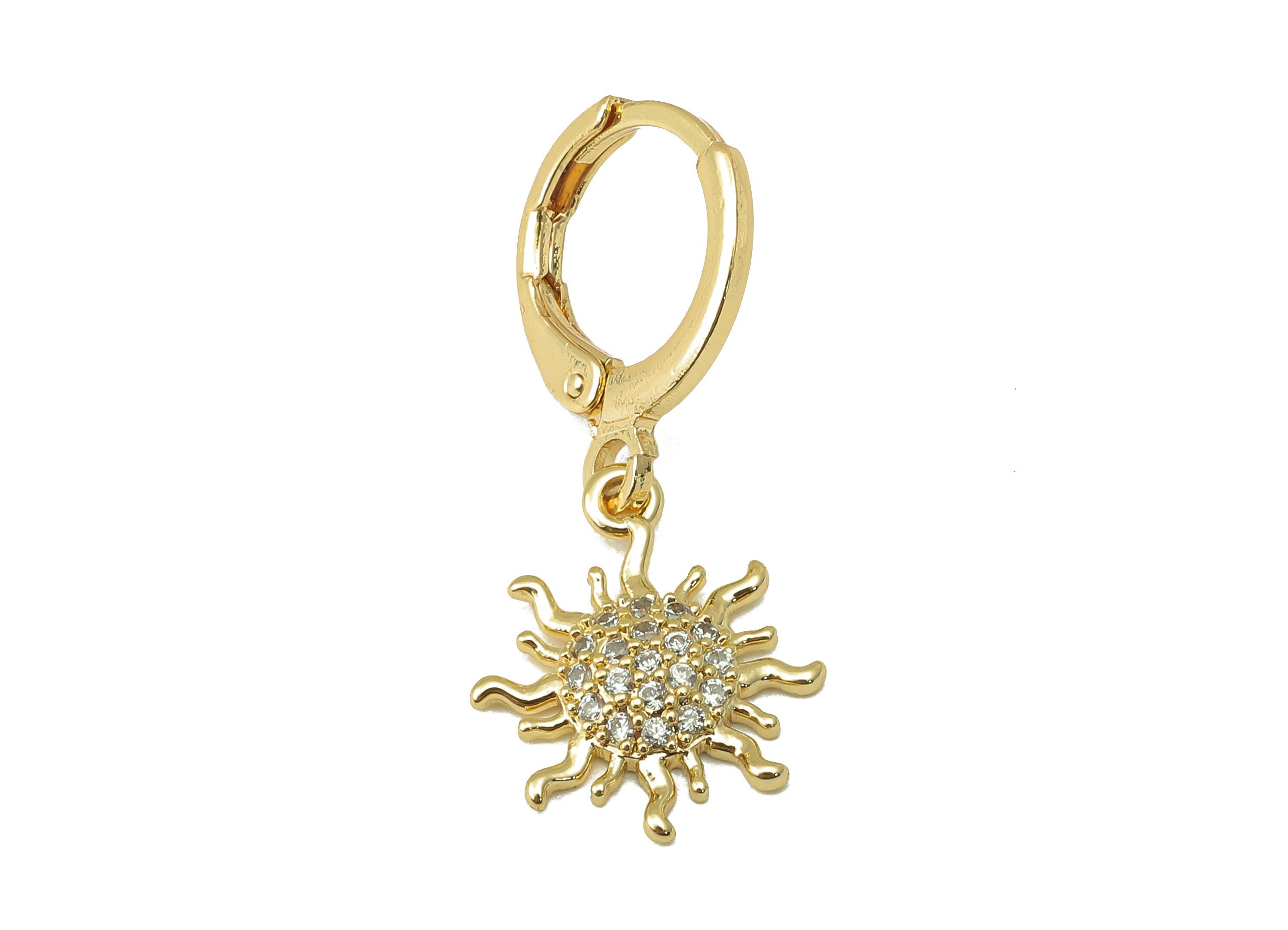 Brass Sun Earring Clasp -Brass Sunshine with Cubic Zirconia Hoop - CZ Huggie Earring - 18K Real Gold Plating-27.7x 11.39x 2.41mm- RGP6031 - DOMEDBAZAAR