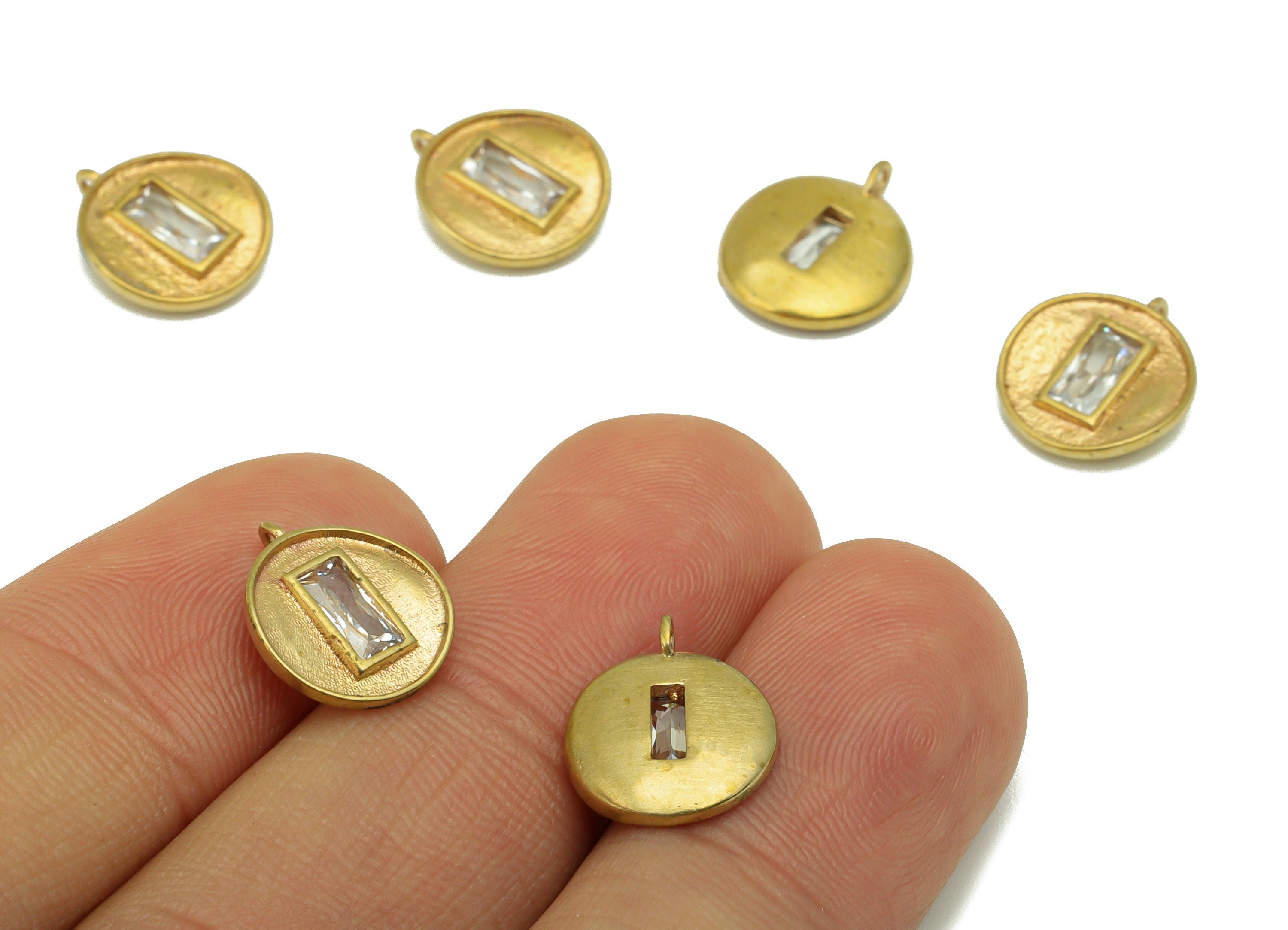Brass Round Earring - Raw Brass - Cubic Zircon Rectangle Pendant - Earring Charms - Jewelry Supplies - 12 x 11x 2.51mm PP8471 - DOMEDBAZAAR