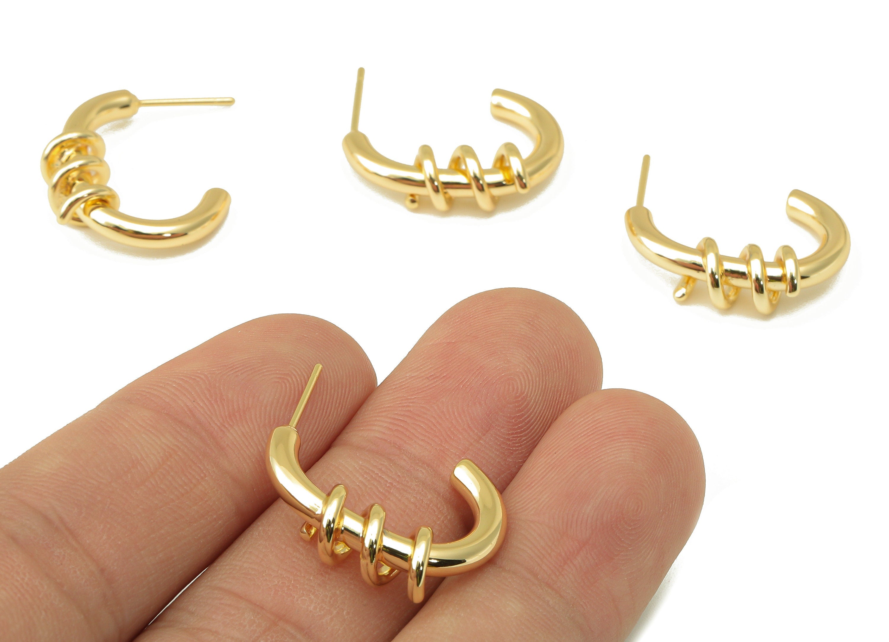Brass Winding C Hoop Stud Earring - Brass Spiral Wire Earring - Open Hoop Earring Post - 18K Real Gold Plating - 23.01x22.36x6.62mm- RGP6034 - DOMEDBAZAAR