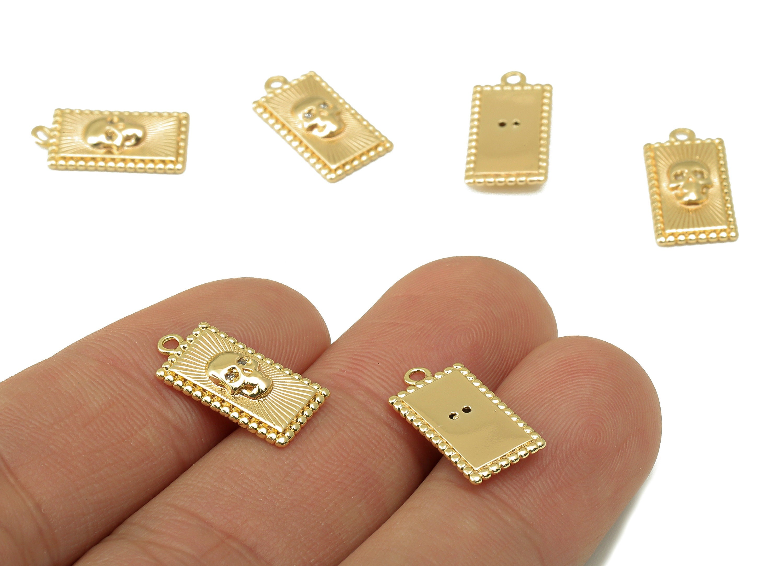 Brass Rectangular Earrings Charms - Brass Zircon Skull Pendant - Rectangular Necklace Pendant - Jewelry Making-16.51x 8.55x 2.64mm-RGP6164 - DOMEDBAZAAR