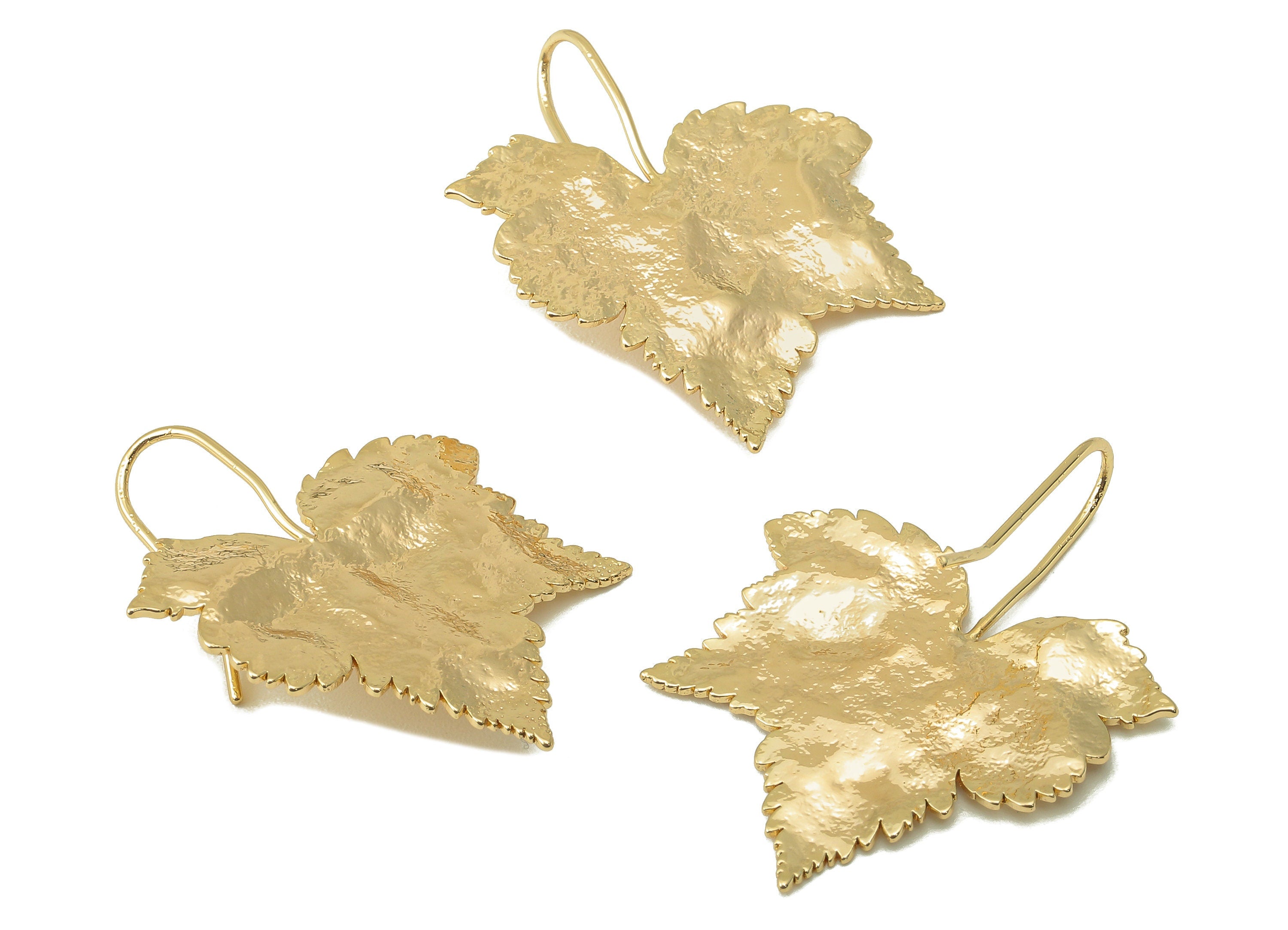 Brass Maple Plane Wires Earring - Leaf Ear Hook Earring -Textured Botanical Earring Hook- 18K Real Gold Plating - 34.1x27.43x0.9mm - RGP6035 - DOMEDBAZAAR