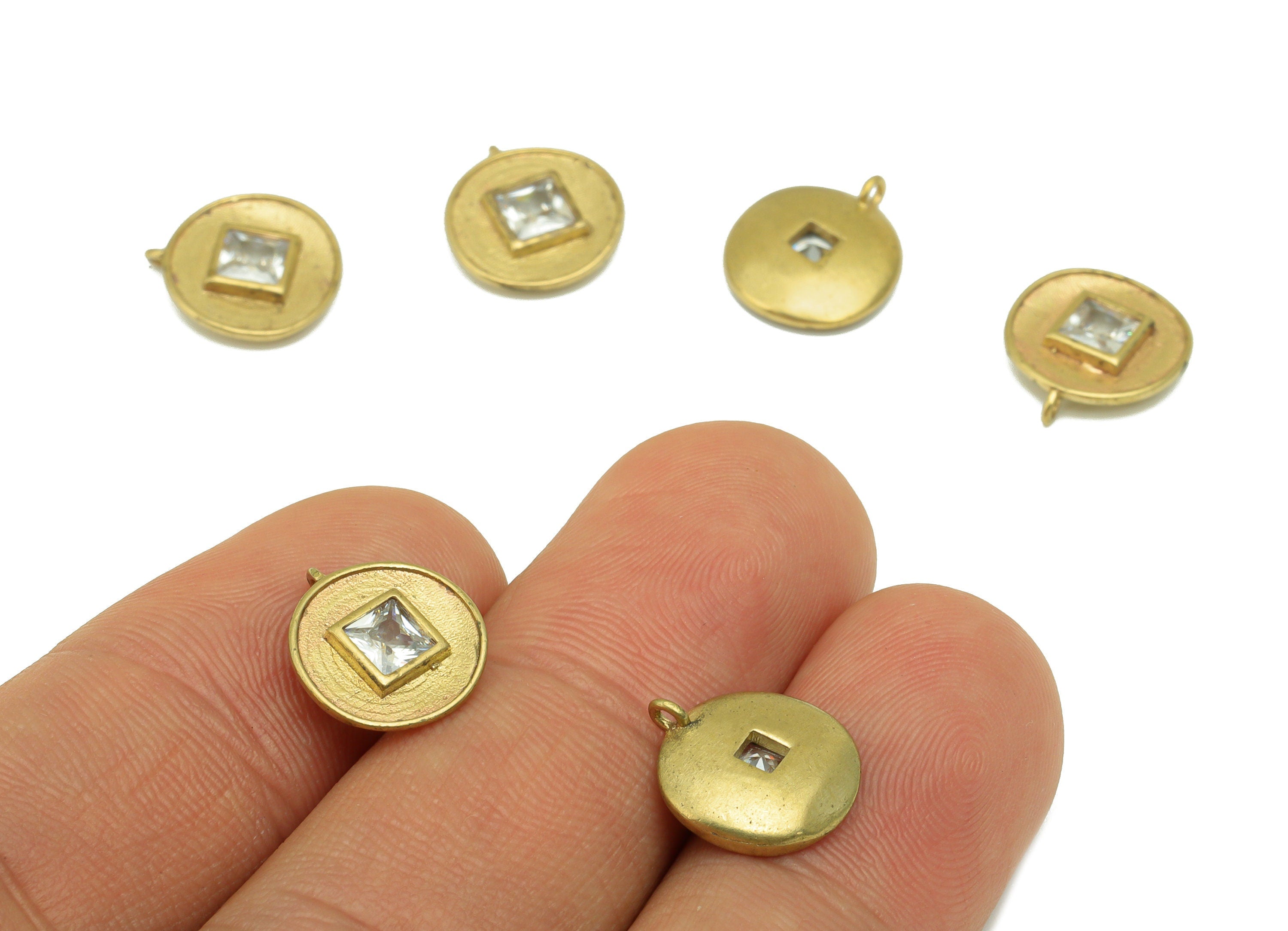Brass Round Earring - Raw Brass - Cubic Zircon Square Pendant - Earring Charms - Jewelry Supplies - 12 x 11 x 2.6mm - PP8468 - DOMEDBAZAAR