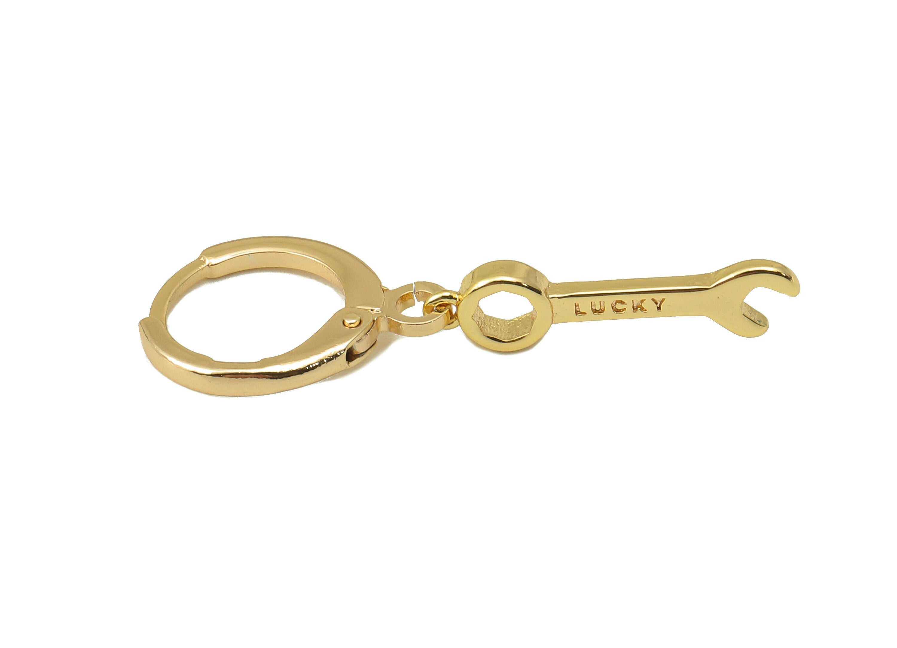 Brass Wrench Earring Clasp -Brass Mini Tool with Cubic Zirconia Hoop - CZ Huggie Earring- 18K Real Gold Plating - 31.5x11.57x1.6mm - RGP6038 - DOMEDBAZAAR