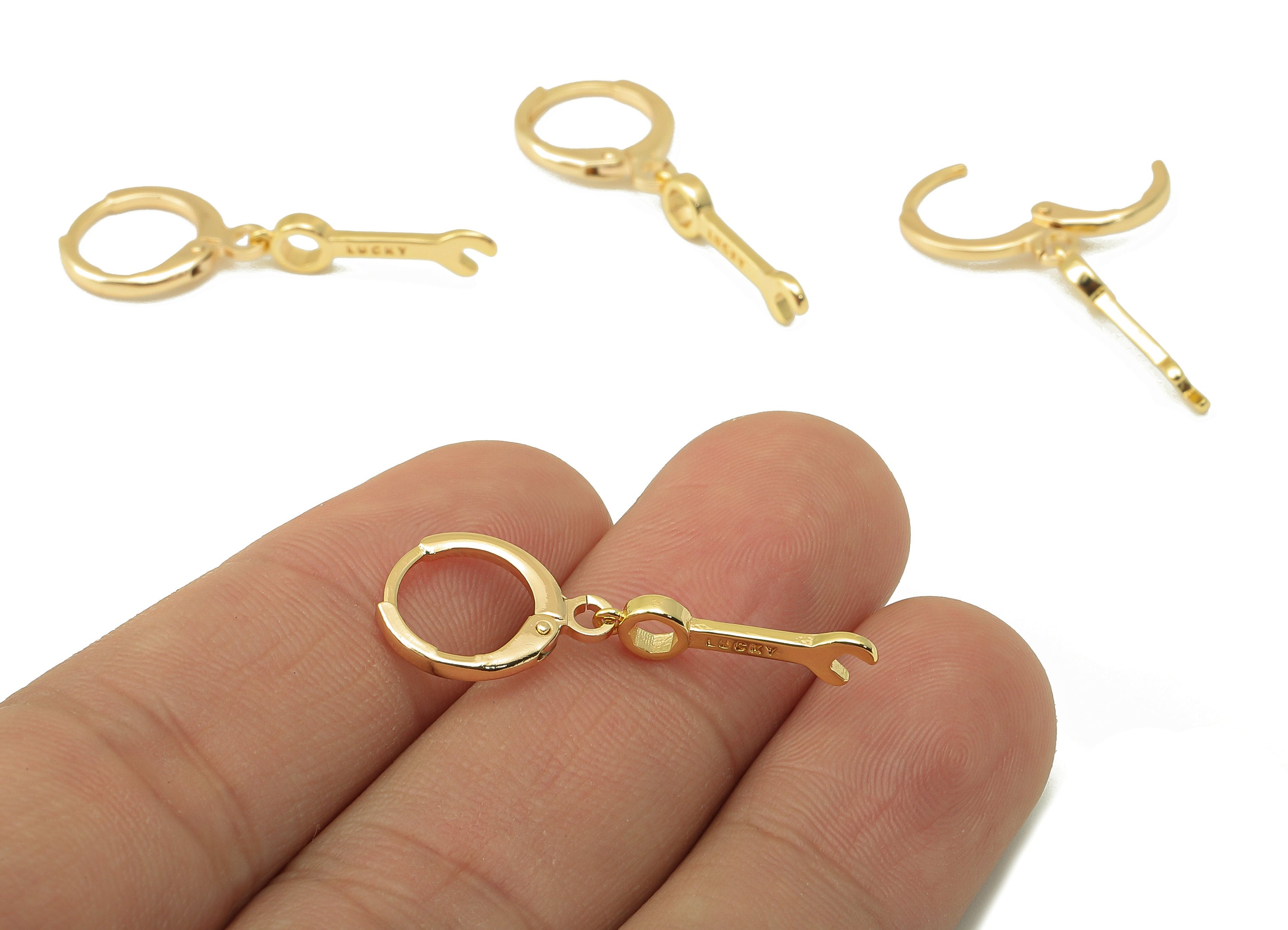 Brass Wrench Earring Clasp -Brass Mini Tool with Cubic Zirconia Hoop - CZ Huggie Earring- 18K Real Gold Plating - 31.5x11.57x1.6mm - RGP6038 - DOMEDBAZAAR