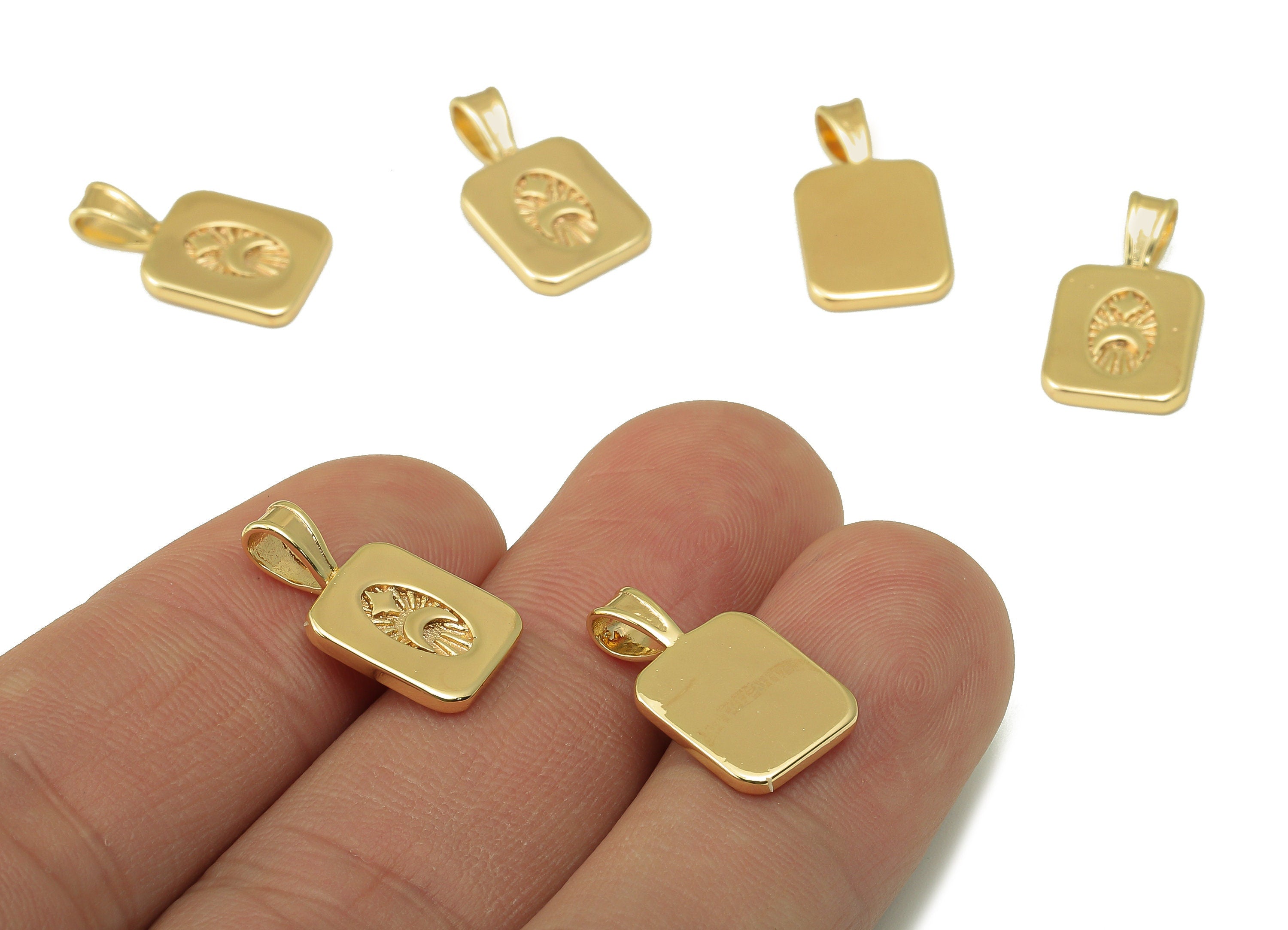 Brass Rectangle Earring Charms - Brass Rectangular Star And Moon Pendant-For Necklace - Jewelry Making Supplies-17.89x9.95x1.55mm - RGP6185 - DOMEDBAZAAR